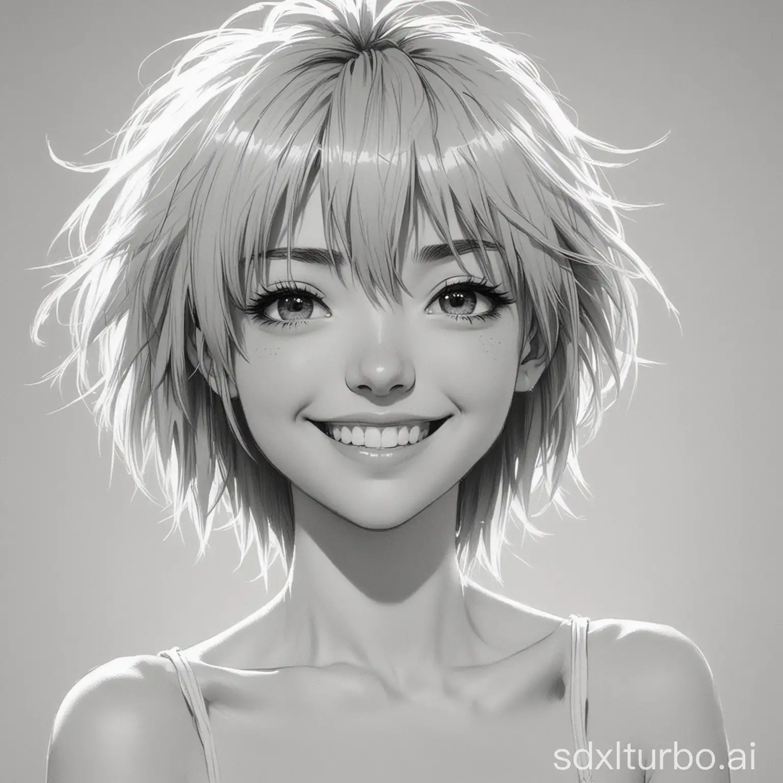 boichi style, sketch, manga, drawing, 1girl, collarbone, looking at viewer, smiling, monochrome, lineart, solo, spiked hair