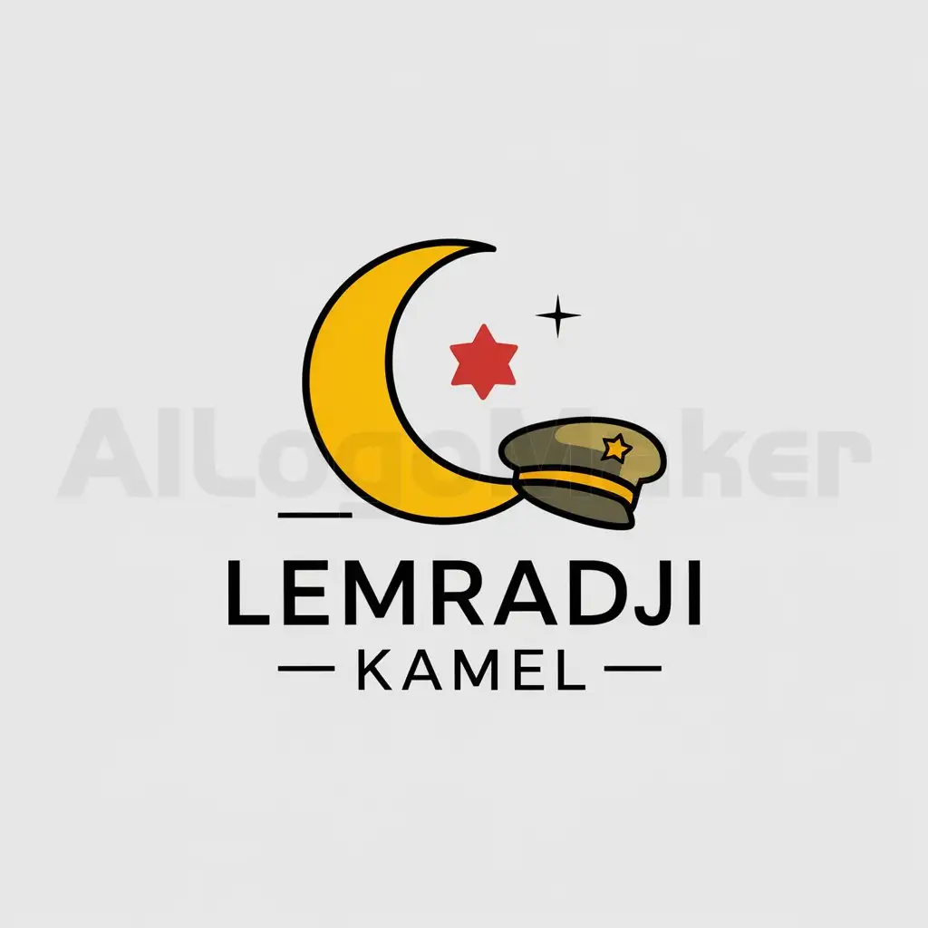 a logo design,with the text "Lemradji kamel", main symbol:Hilal is the color yellow and a red star and a military hat,Moderate,be used in Others industry,clear background