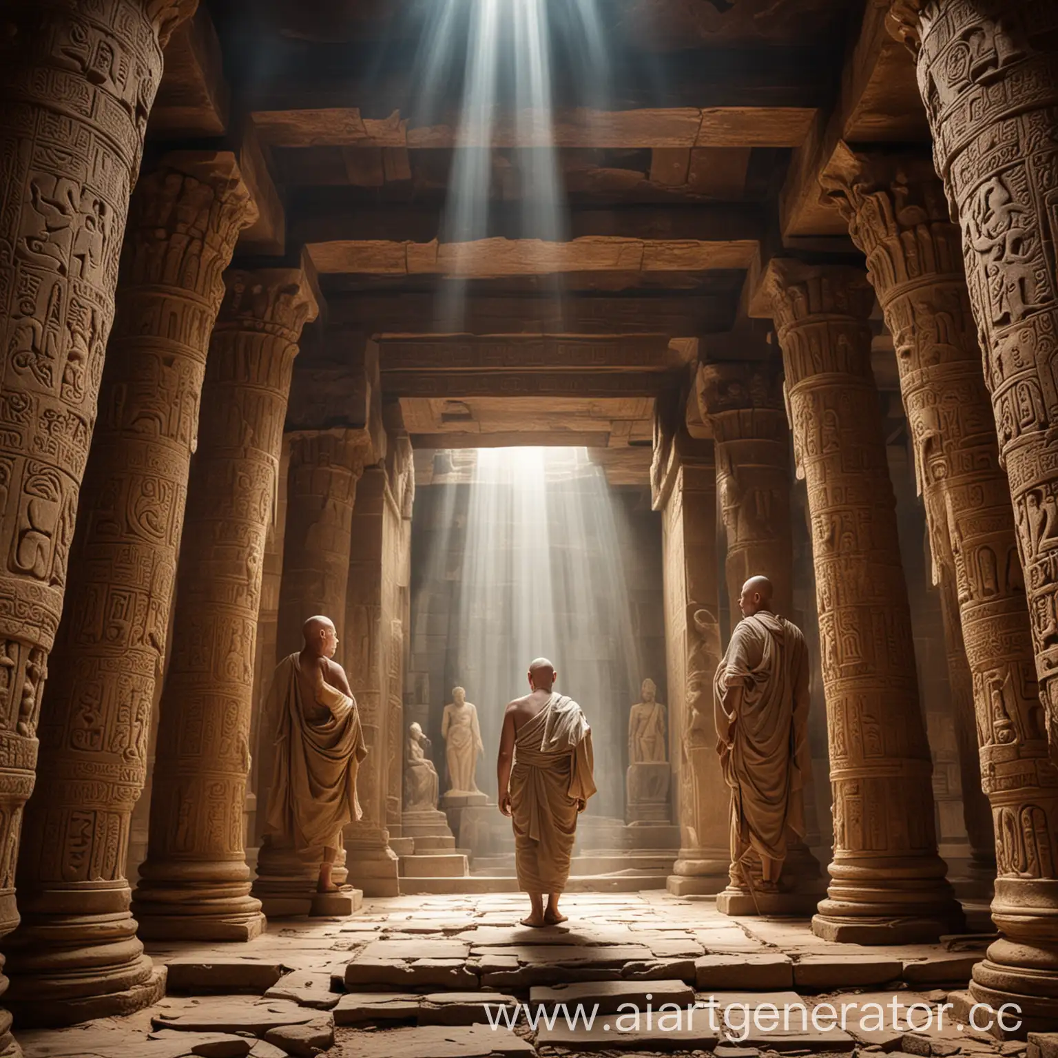 Древний храм  с бритоголовыми монахами - одетыми в тоги - лучи света - вокруг змеи и изображения бога Сета 
