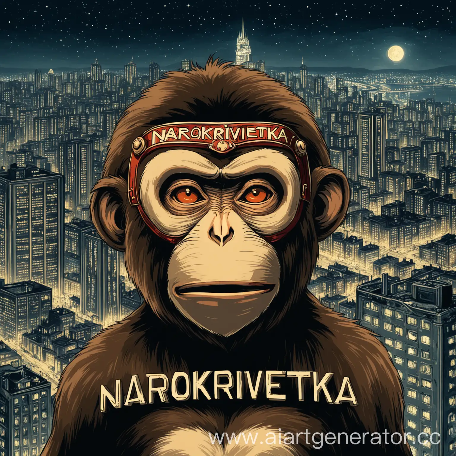 A monkey in a mask, a night metropolis in the background and the inscription “NaroKrivetka”