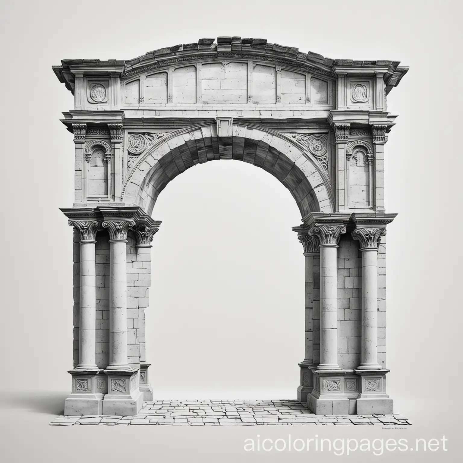 roman arch, roman buildings 1000 AD, Coloring Page, black and white, line art, white background, Simplicity, Ample White Space. The background of the coloring page is plain white to make it easy for young children to color within the lines. The outlines of all the subjects are easy to distinguish, making it simple for kids to color without too much difficulty