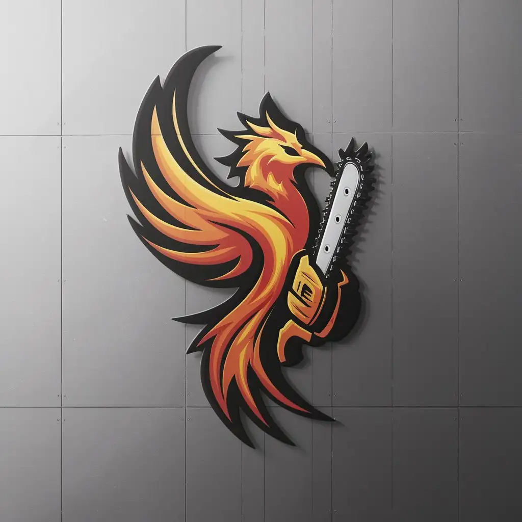 a logo design,with the text "Phoenix", main symbol:Phoenix holding a chainsaw,Moderate,clear background