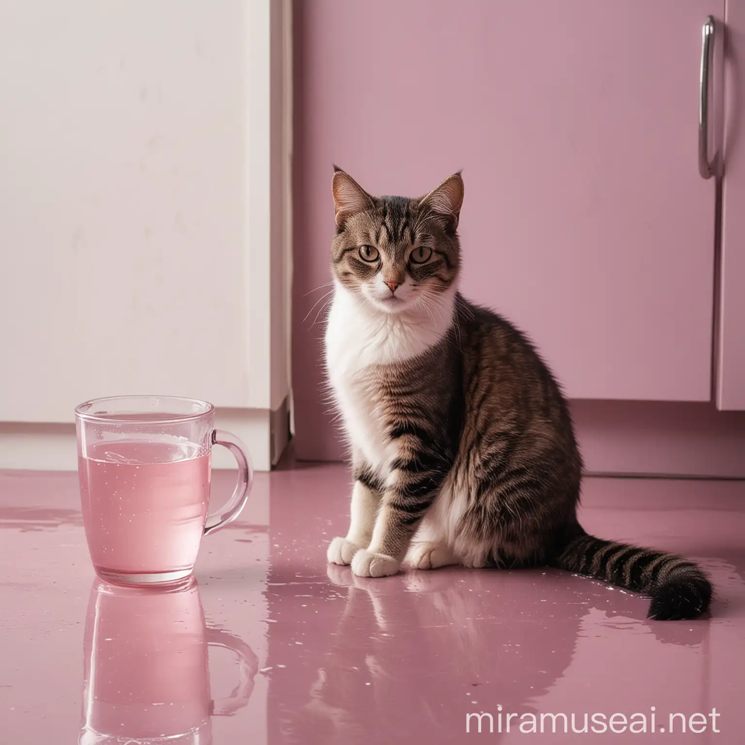 Cat Sitting Beside Water Cup in Purple and Pink Kitchen Setting