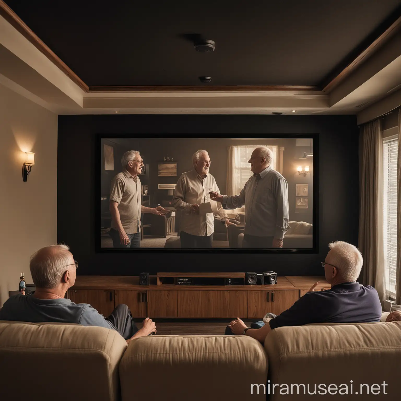 create an image of a 25 years old son gifting he's above 50 years old father a home theater to spent he's father retired life  peacefully . 
showcase this image in front of home theater screen 