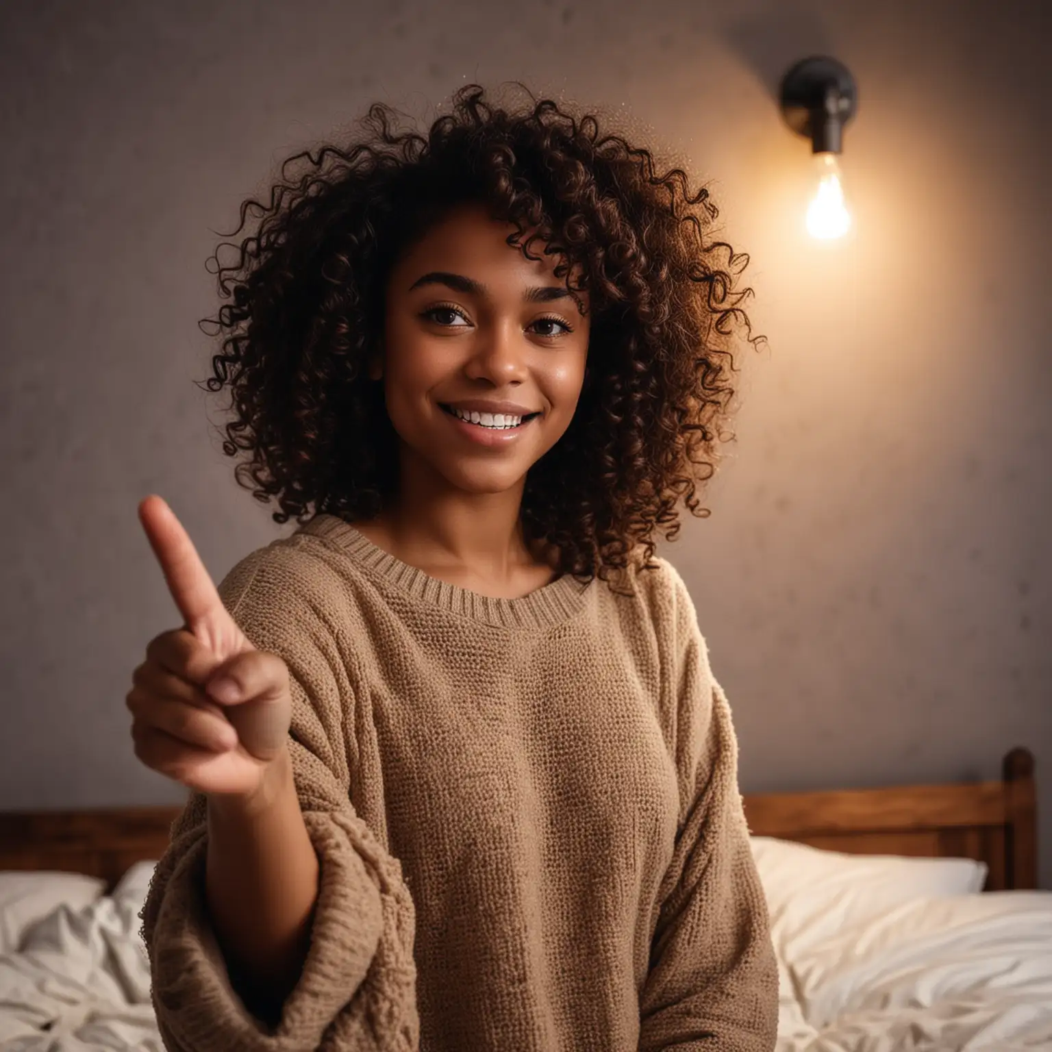 Joyful Black Girl in Cozy Room Pointing Happily