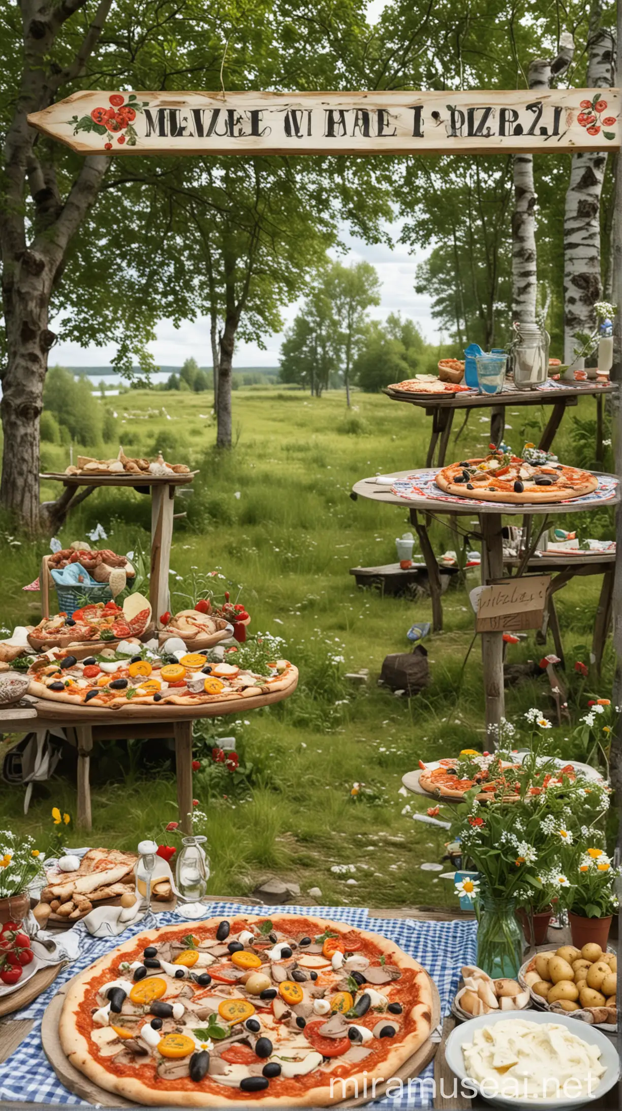 Create a lively and festive image that captures the essence of Swedish Midsummer. In the background, there is a traditional midsummer pole decorated with flowers and leaves, surrounded by people dancing and celebrating. In the foreground, there is a pizza stand with a large sign that says "Celebrate Midsummer with Pizza!". On the table in front, there are various types of pizzas topped with fresh Swedish ingredients such as herring, potatoes, and sour cream. Some people are standing at the stand, buying pizzas, smiling and happy. The sky is clear blue and sunny, and around the scene are typical Swedish summer landscapes with meadows and birch trees.