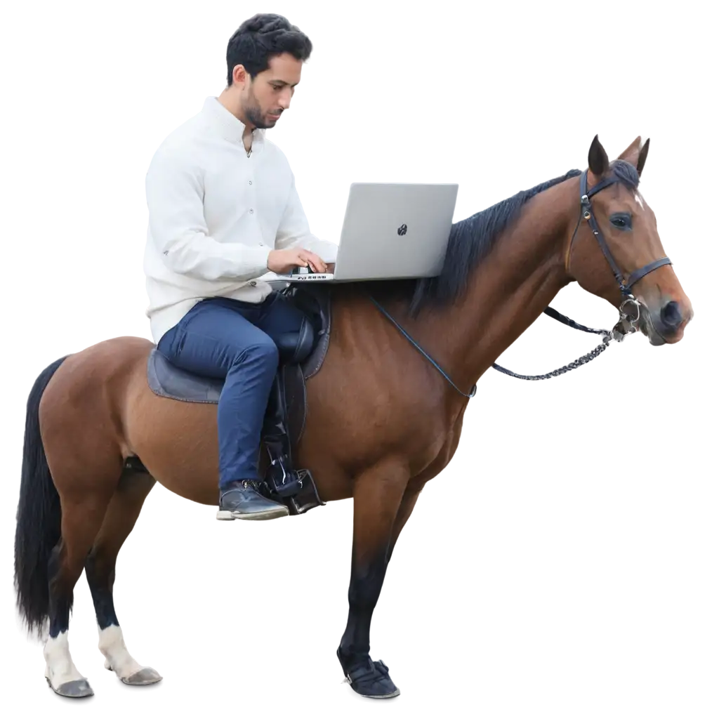 Man-Using-Laptop-on-Horse-Captivating-PNG-Image-for-Multifaceted-Digital-Storytelling
