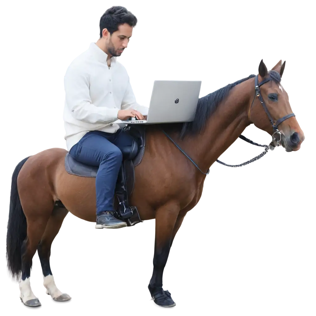 man using laptop on horse
