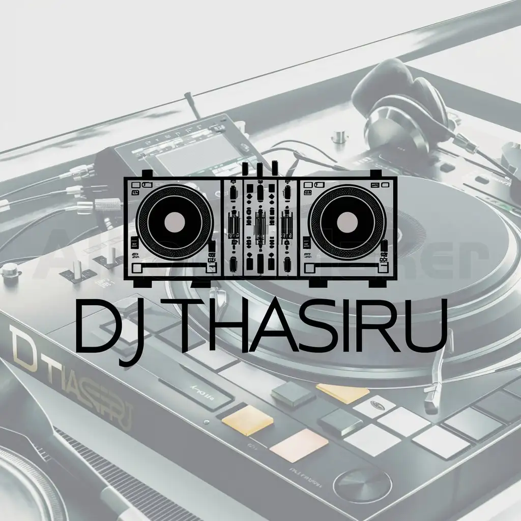 a logo design,with the text "DJ Thasiru", main symbol:DJ console,complex,clear background