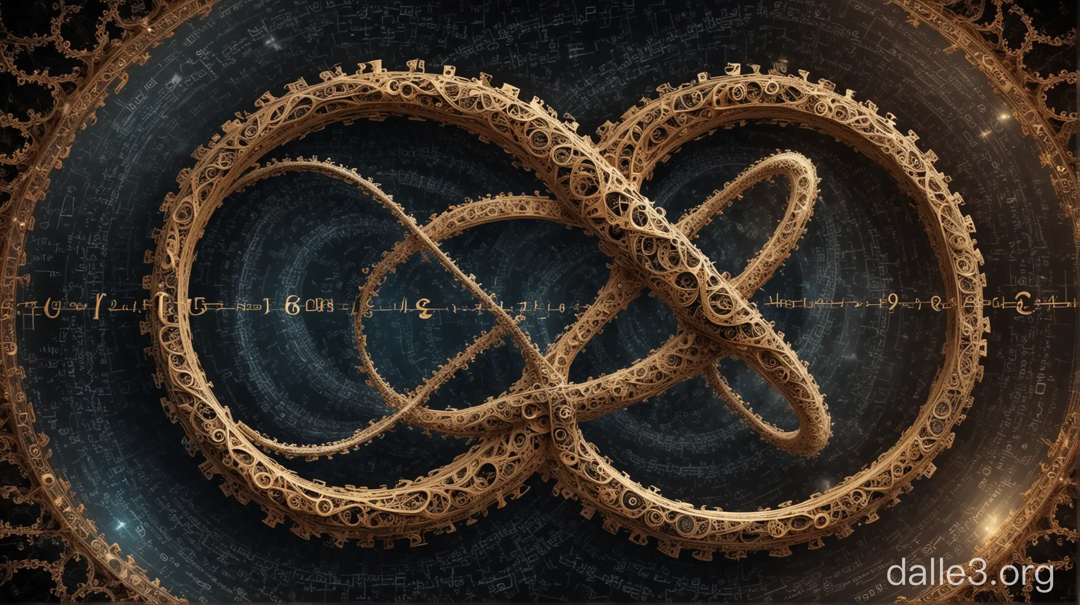 Fractal infinity symbol with cliche math and physics symbols in the background.