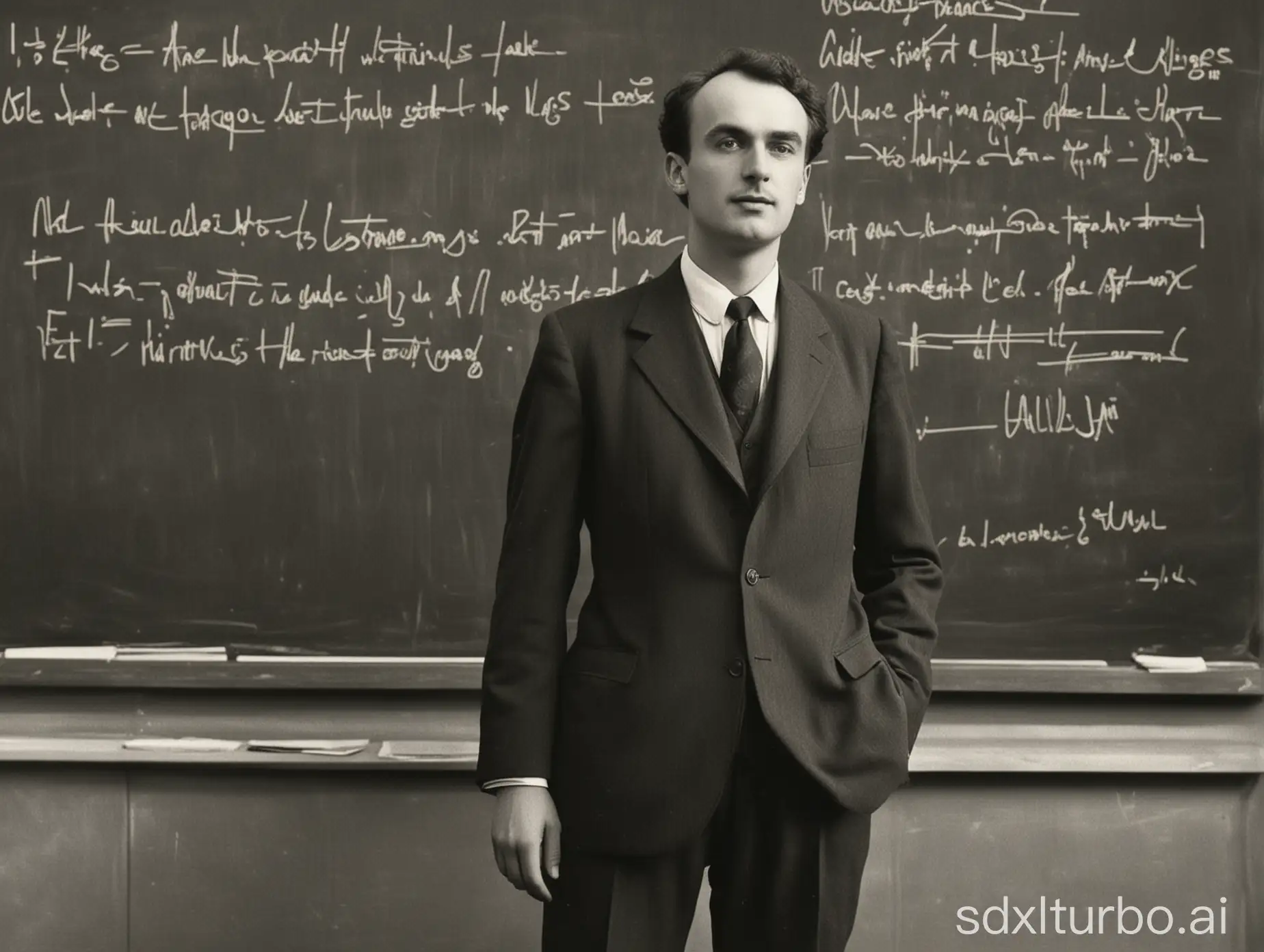 Create a striking image! Paul Dirac has quite a distinguished look with his suit. There's a modern feel to the photograph too, judging by the style of his attire and the vivid-toned coloration. He is in front of a blackboard with handwriten "A physical law must possess mathematical beauty.".