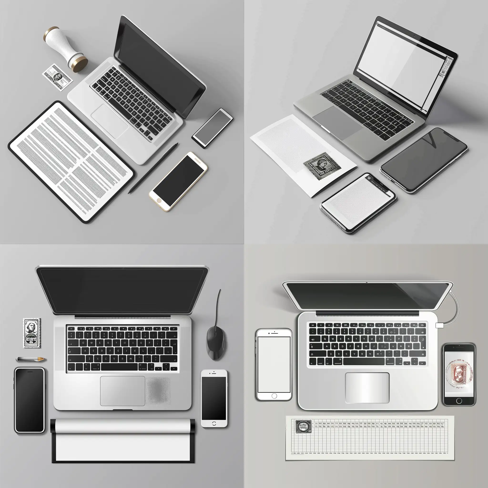 genereza-mi o imagine in care sa fie un laptop un telefon si o foaie cu stampila in format realist in culori, alb-gri



