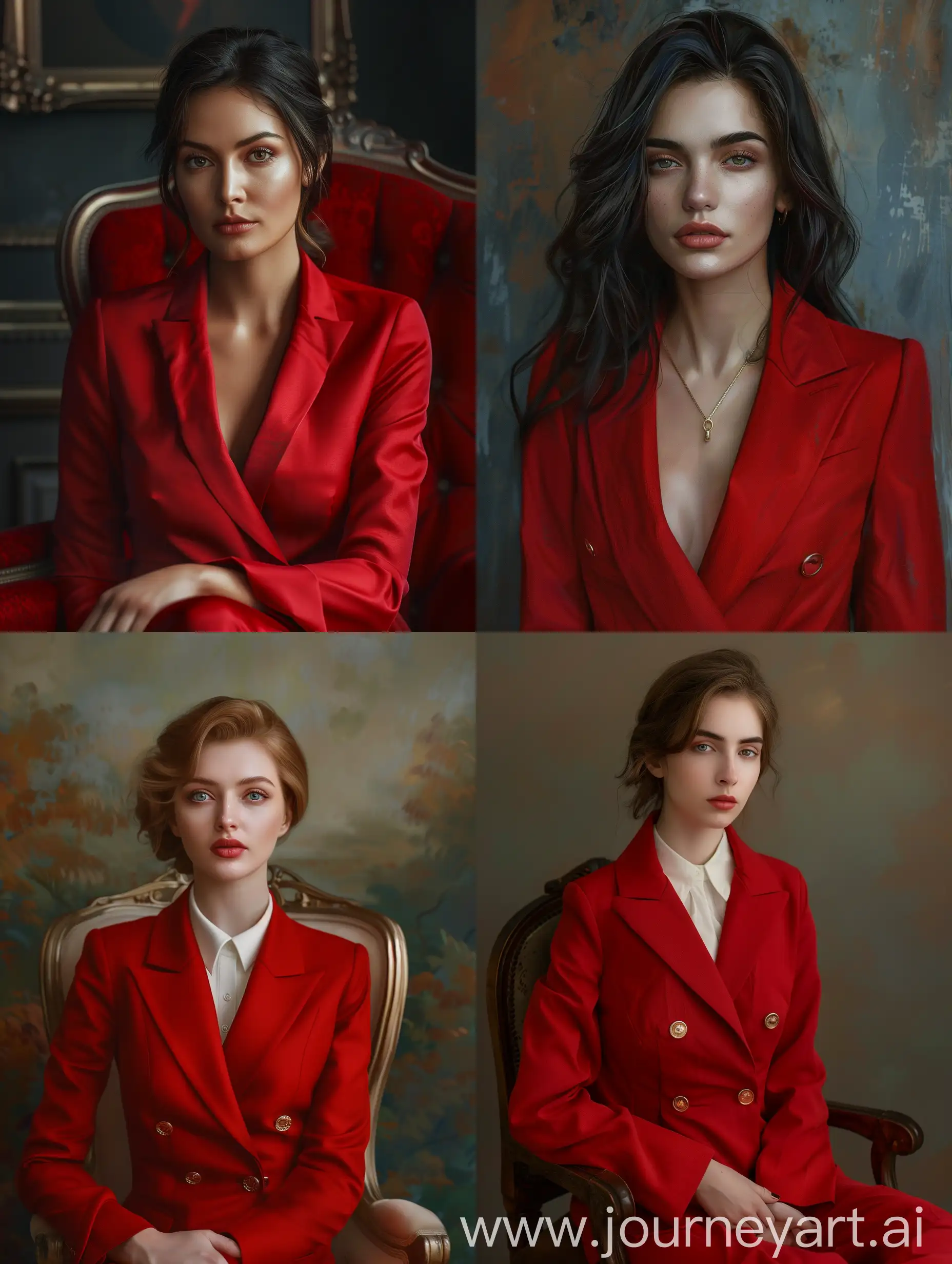 Portrait realistic woman in red suite, cinematic 8K