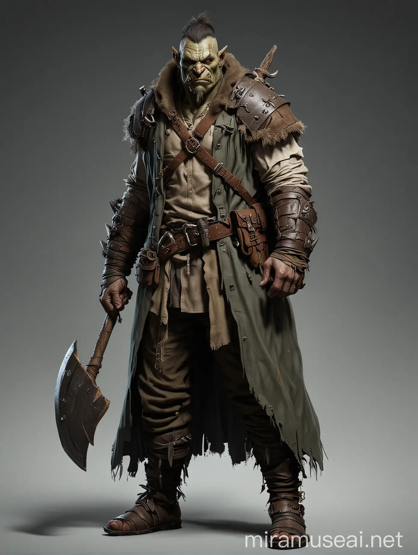 Fantasy Orc Adventurer with Long Torn Coat and Axe