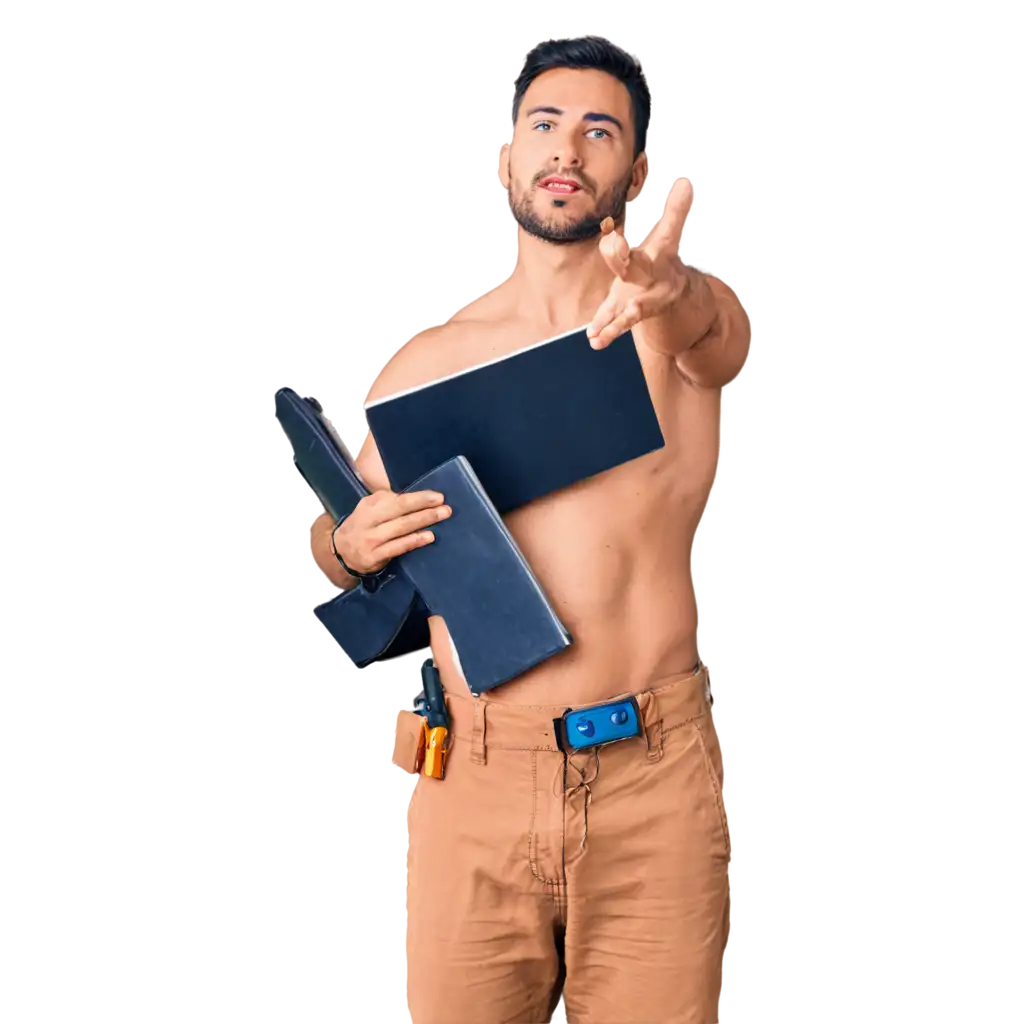 gambar pria dengan peralatan lengkap sebagai programmer sedang memegang pinggang dan mengarahkan pandangannya ke arah samping sambil membuat ekspresi bentuk bibir yang datar dengan baju yang sopan

