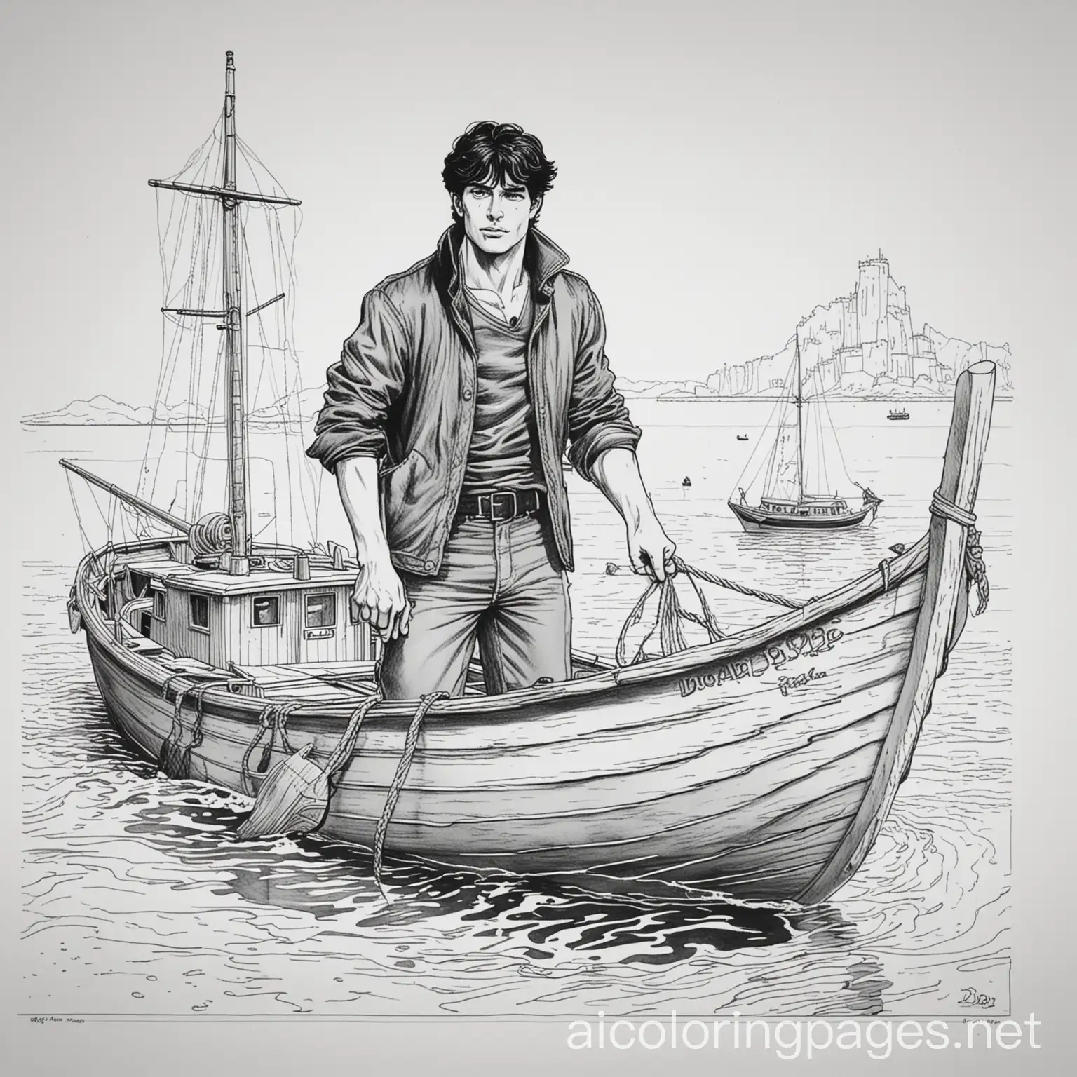 Dylan dog building boat, Coloring Page, black and white, line art, white background, Simplicity, Ample White Space. The background of the coloring page is plain white to make it easy for young children to color within the lines. The outlines of all the subjects are easy to distinguish, making it simple for kids to color without too much difficulty