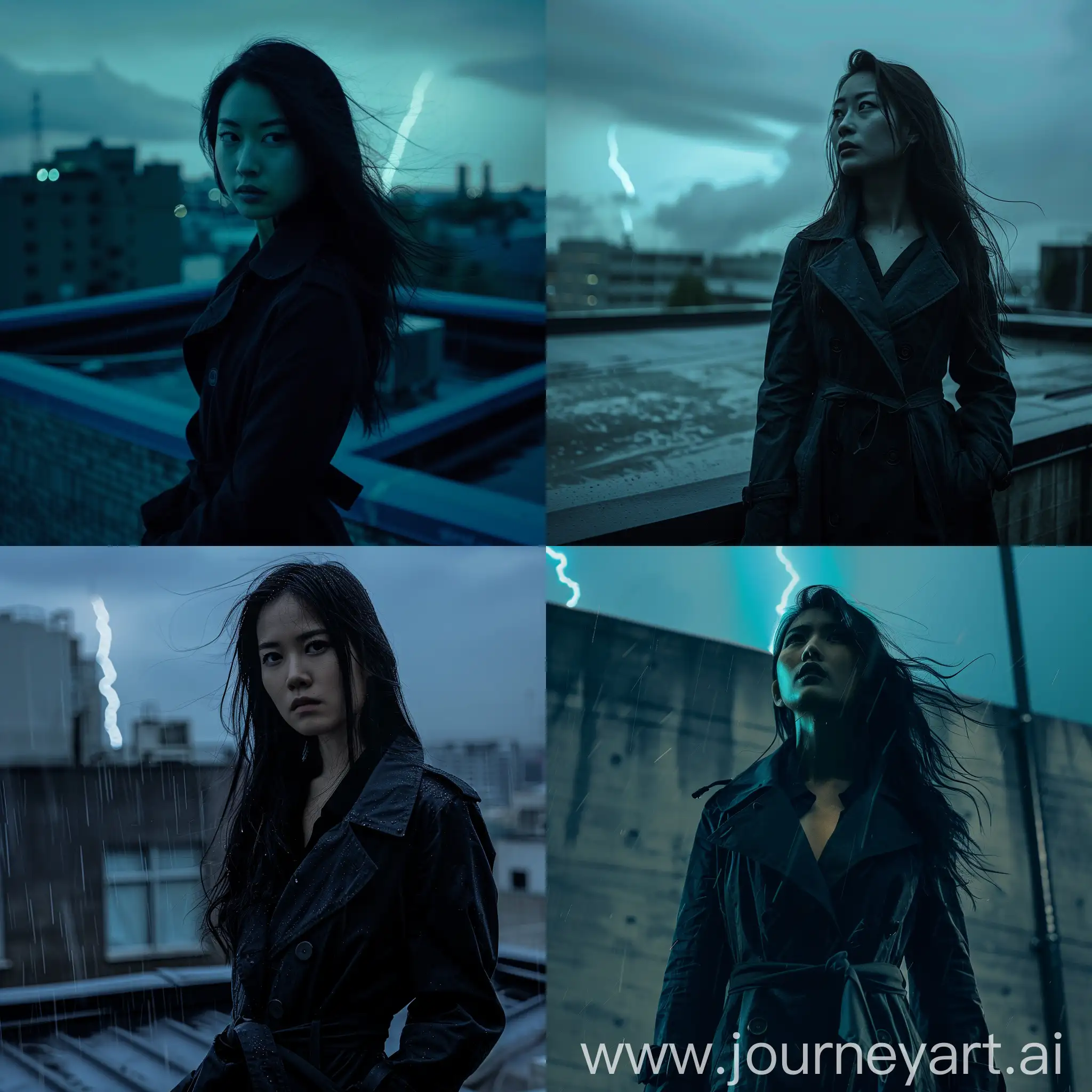 Tilted Angle Shot, High Contrast Monochrome, Cold Blue Coloring, Neo Noir style thriller film, 28yo Asian woman, Rooftop in a rainstorm, Long black trench coat, Stormy with lightning


