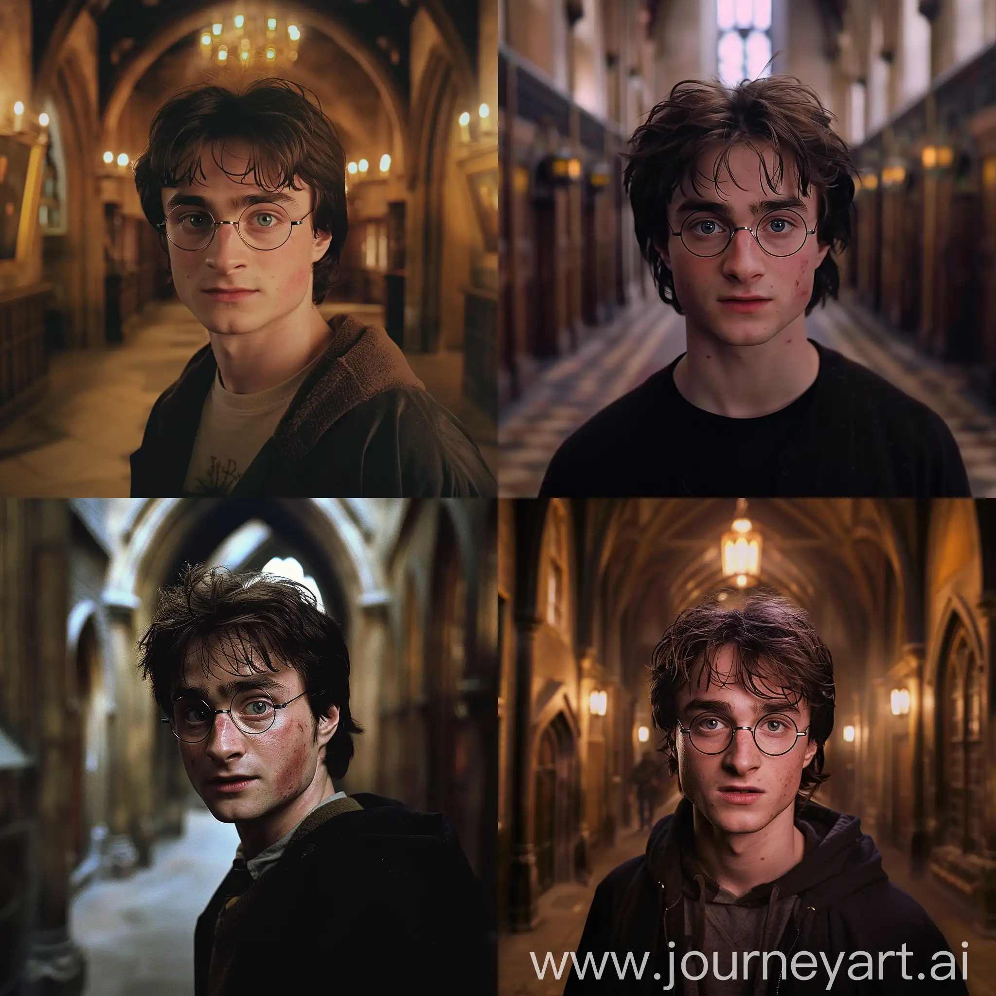 james potter, wearing round glasses, in a hogwarts corridor