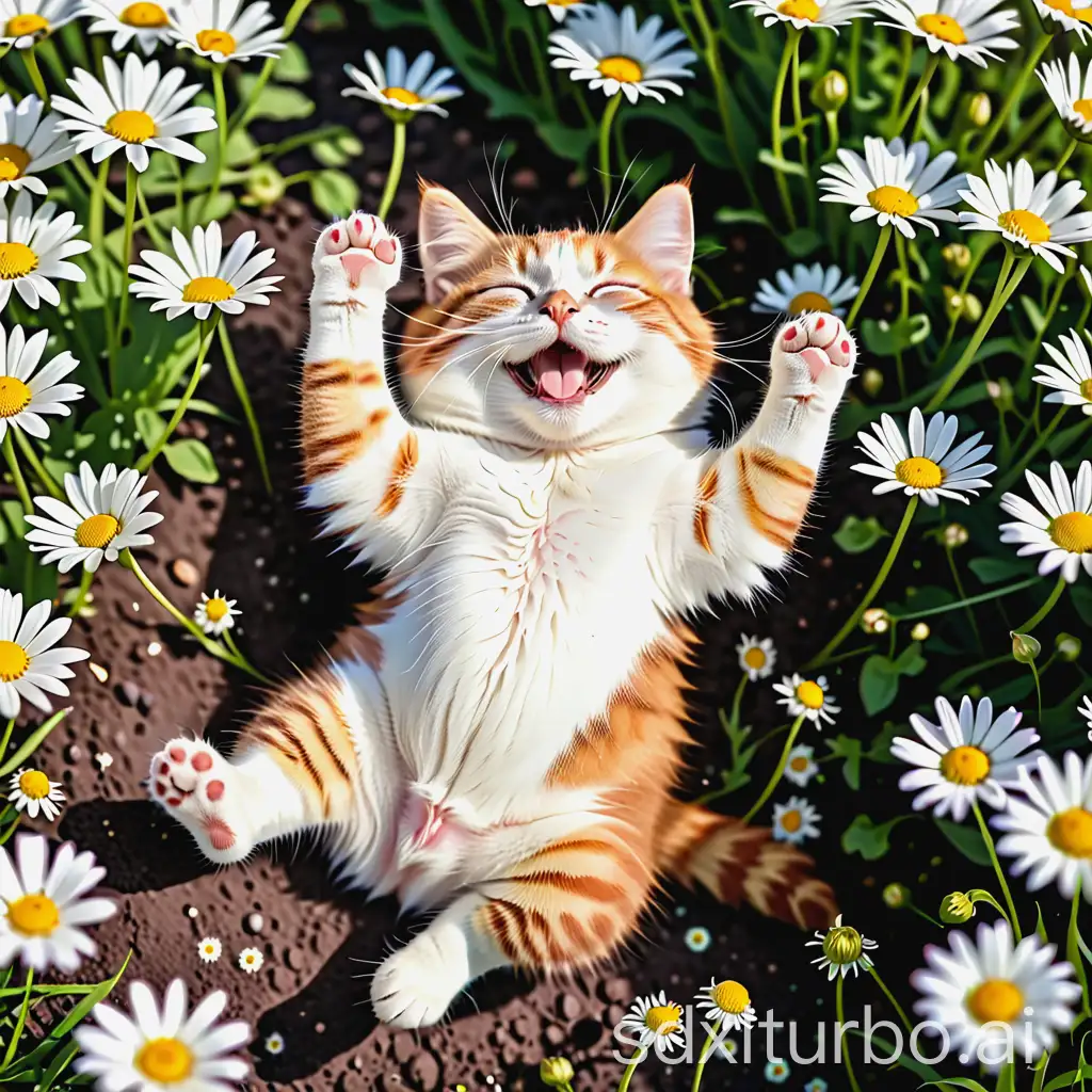 the happiest cute cat, lying on its back among daisies, chilling, paws up, showing its paws, view from above, smiling, professional photo, 15mm, f/2.8, 1/500s, iso2000, cinematically