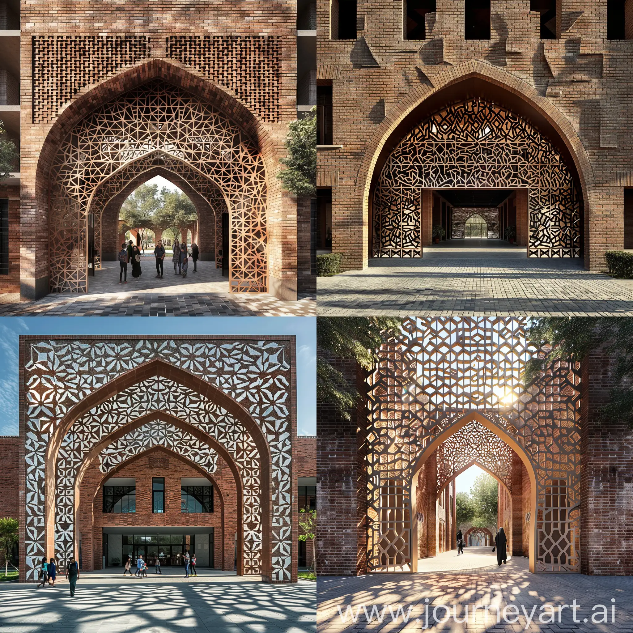 Imagine a school that integrates modern design with traditional elements, creating an atmosphere of innovation rooted in heritage. The entrance is adorned with a majestic archway, featuring intricate geometric patterns that cast mesmerizing shadows, inviting students into a world where art and education merge. The brick facade echoes the timeless essence of educational institutions while the avant-garde architectural details promise a journey of contemporary learning.