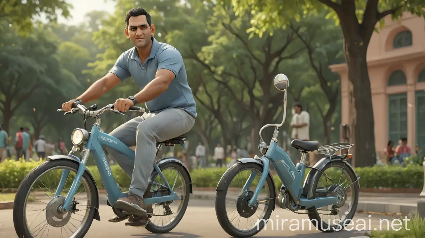 Indian Cricketer Mahindra Singh Dhoni Driving a EV Bicycle at a park in 3D Animation High Resolution render. 