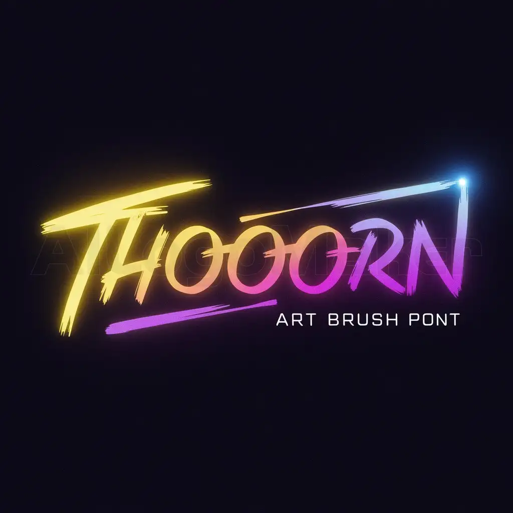 a logo design,with the text "Thooorn", main symbol:yellow to purple gradient characters containing neon colors using art brush pen font glow cyberpunk style,Minimalistic,be used in Others industry,clear background
