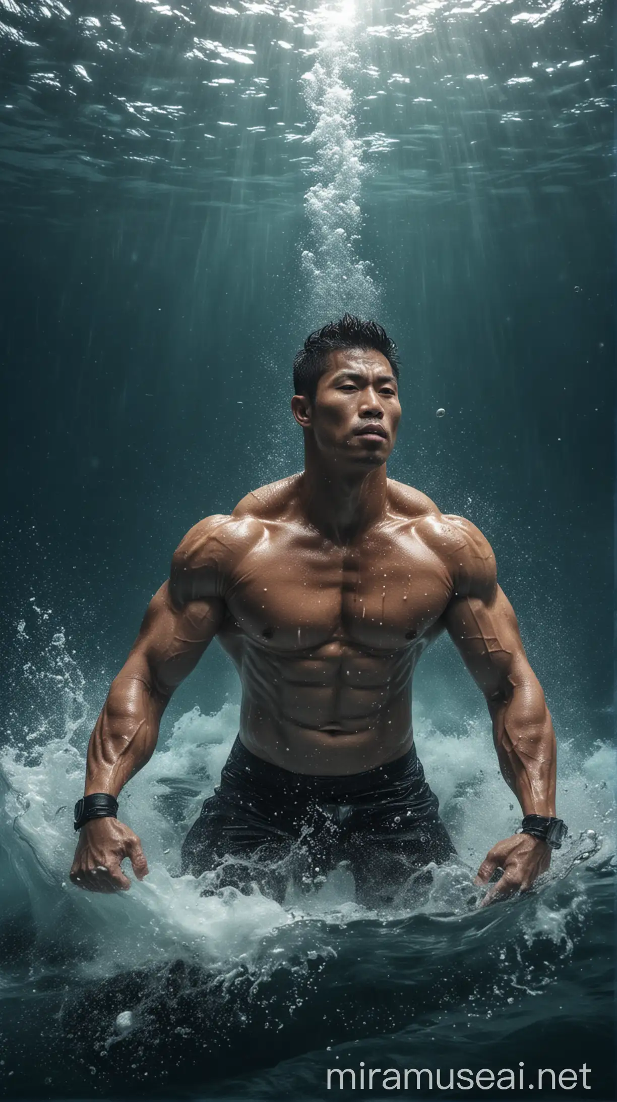 Asian Bodybuilder Drowning in Ocean with Submarine