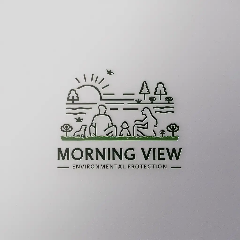 a logo design,with the text "Morning View Environmental Protection", main symbol:Father, mother, a little girl, and a dog sitting on the grass with a rising sun and a few birds in the background, surrounded by trees and flowers, and a river. White background.,Minimalistic,clear background
