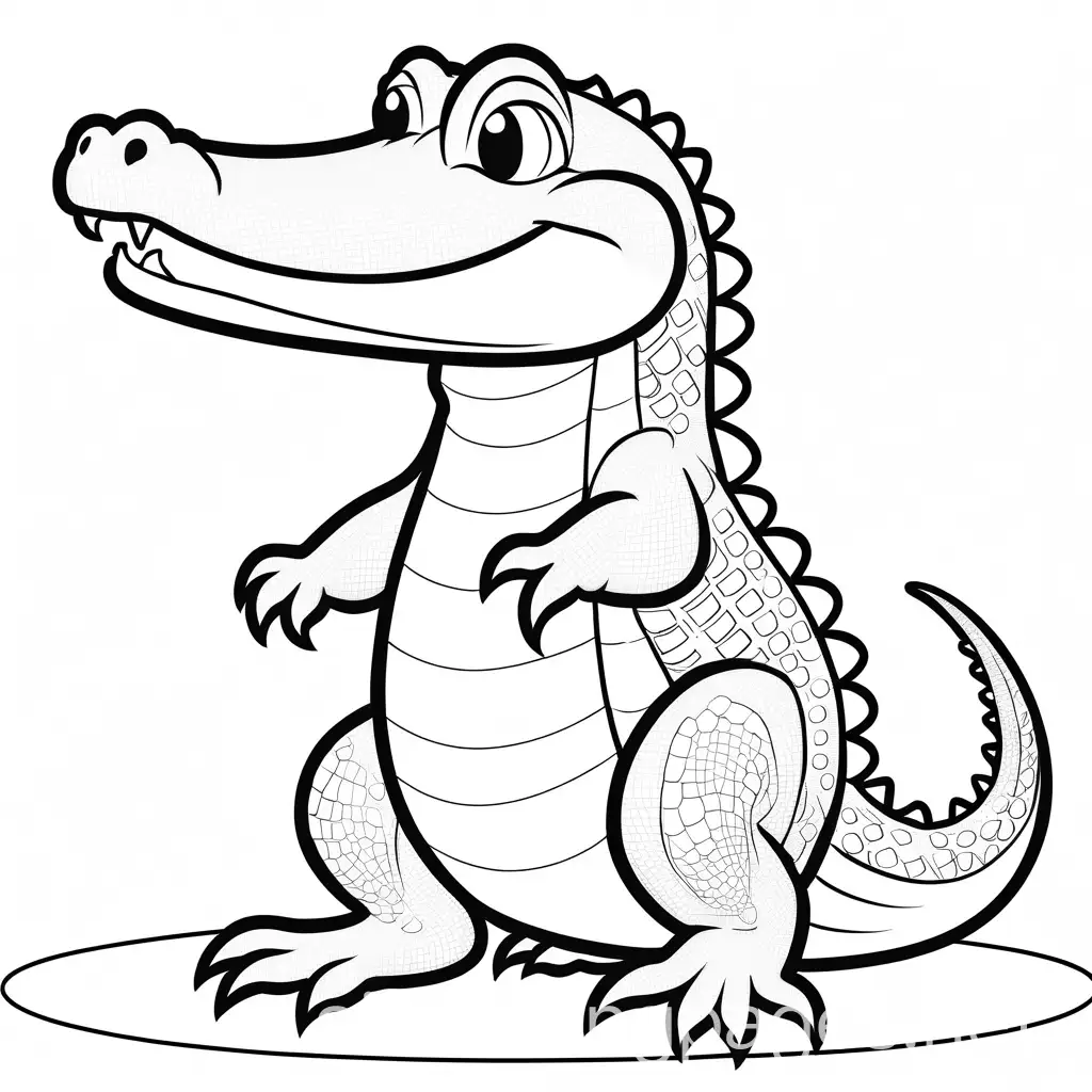 coloring book page of a cute alligator ,black and white, cute, Coloring Page, black and white, line art, white background, Simplicity, Ample White Space, no shading, no greyscale, side view, only alligator, no grass or anything else, Coloring Page, black and white, line art, white background, Simplicity, Ample White Space. The background of the coloring page is plain white to make it easy for young children to color within the lines. The outlines of all the subjects are easy to distinguish, making it simple for kids to color without too much difficulty