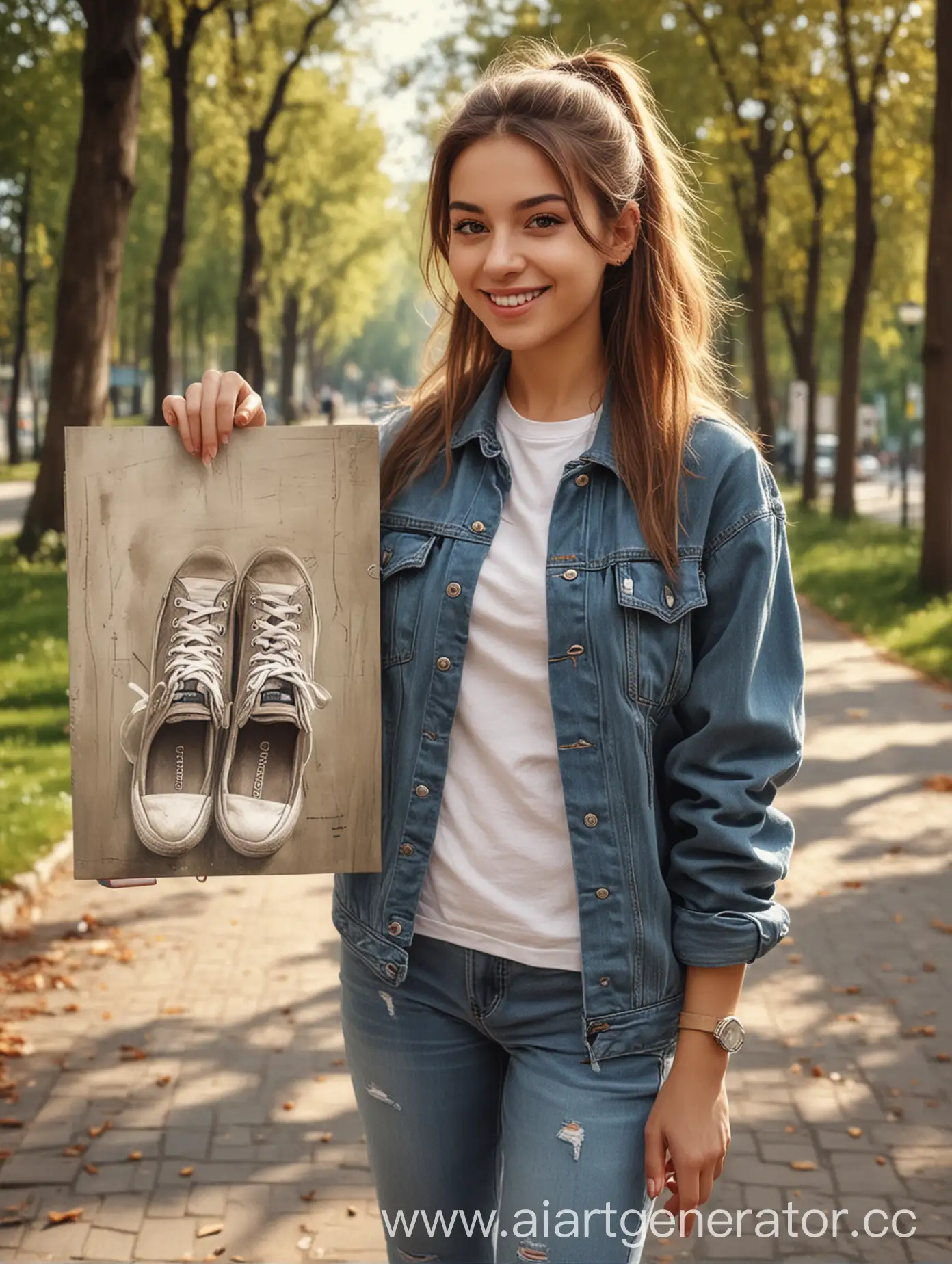 A happy, beautiful adult girl in sneakers holds in her hands a portrait on canvas measuring 50x70 cm. Full-length. realistic. High definition. The exact drawing of the hands. High quality. on the street, in the park