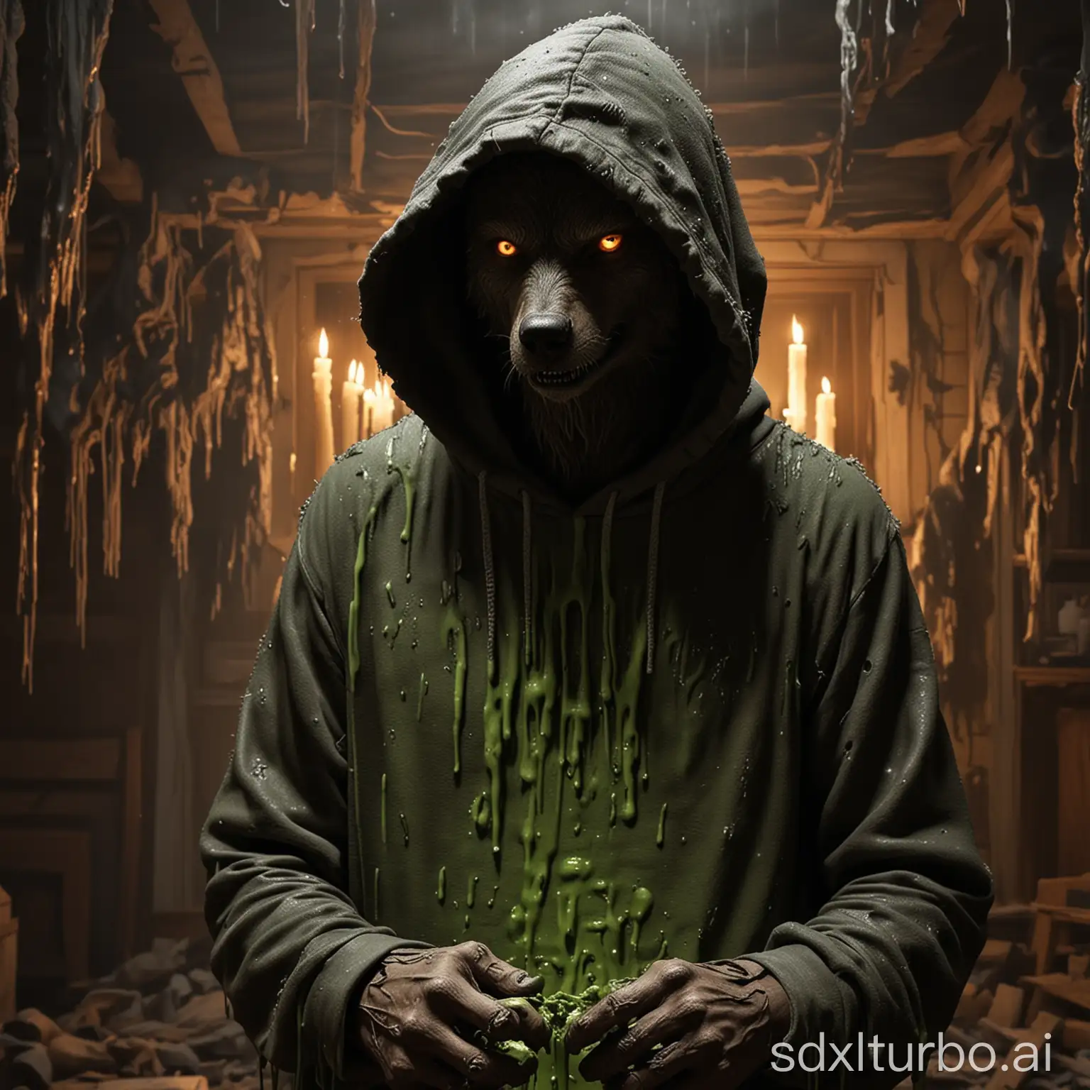 wolf with body of men, hoddie, house destroyed interior, scary, slime, candlelight, detail half body, realistic