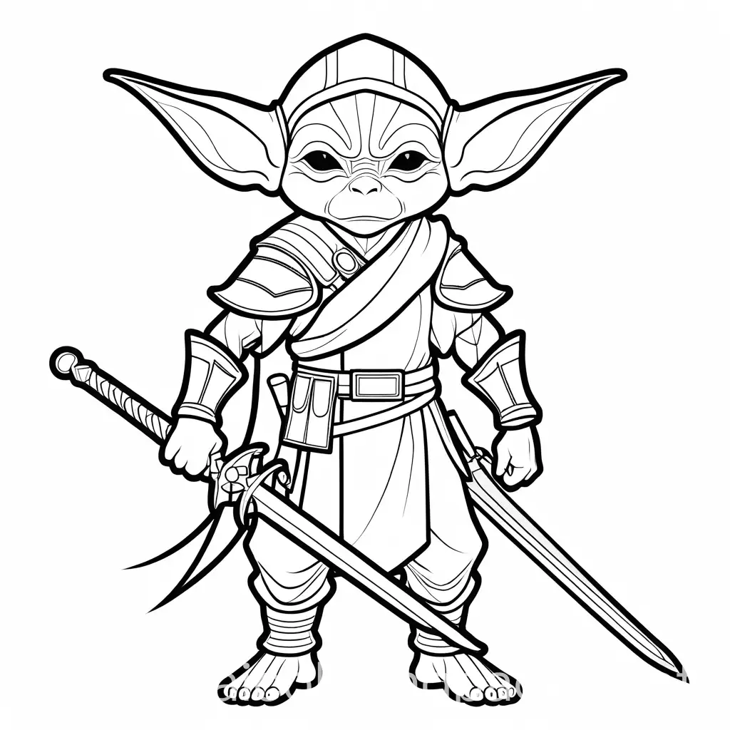Male goblin jedi warrior with 2 swords sheathed at his side, Coloring Page, black and white, line art, white background, Simplicity, Ample White Space. The background of the coloring page is plain white to make it easy for young children to color within the lines. The outlines of all the subjects are easy to distinguish, making it simple for kids to color without too much difficulty