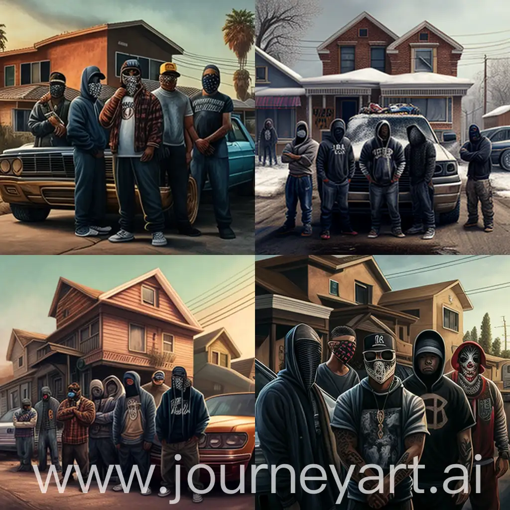 gang of dudes, in ski mask, standing in front of lowrider, and houses 