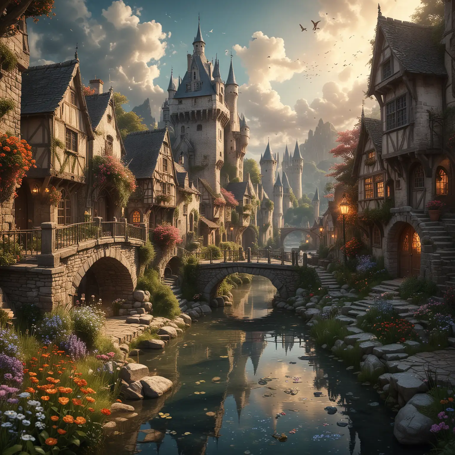 A realistic beautiful, magical image of breathtaking, an enchanted world with different distinct regions with magical elements. The scene includes a variety of beautiful flowers There are medieval castles with high towers and stone bridges, charming villages with cobbled streets and peculiar cottages, all connected by a crystal clear river. The atmosphere is filled with fairy dust floating in the air and magical creatures such as fairies, unicorns and gracefully moving dragons. The sky is a mixture of shades