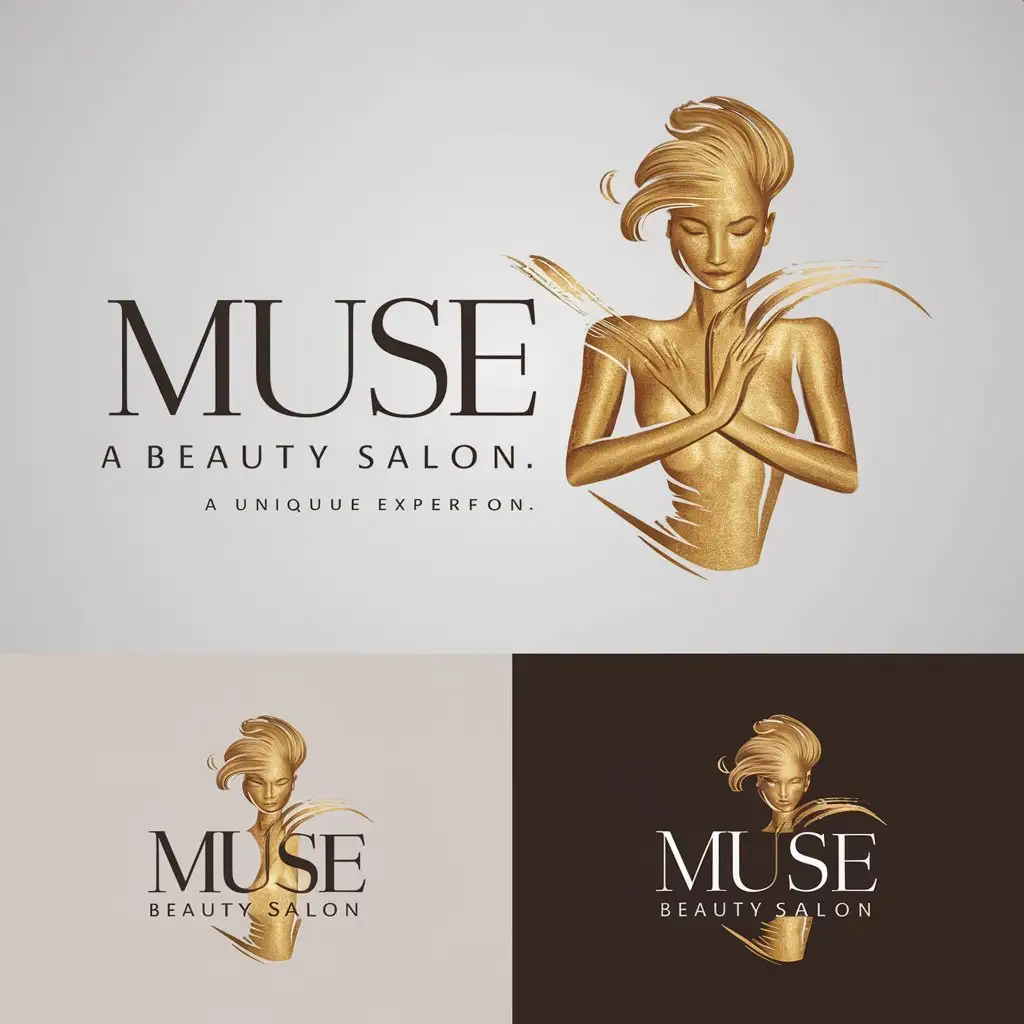 a logo design,with the text "Muse", main symbol:Logo for a beauty salon: The word 'Muse' in a beautiful font inside a woman in gold or a silhouette of a woman in gold paint,Moderate,clear background