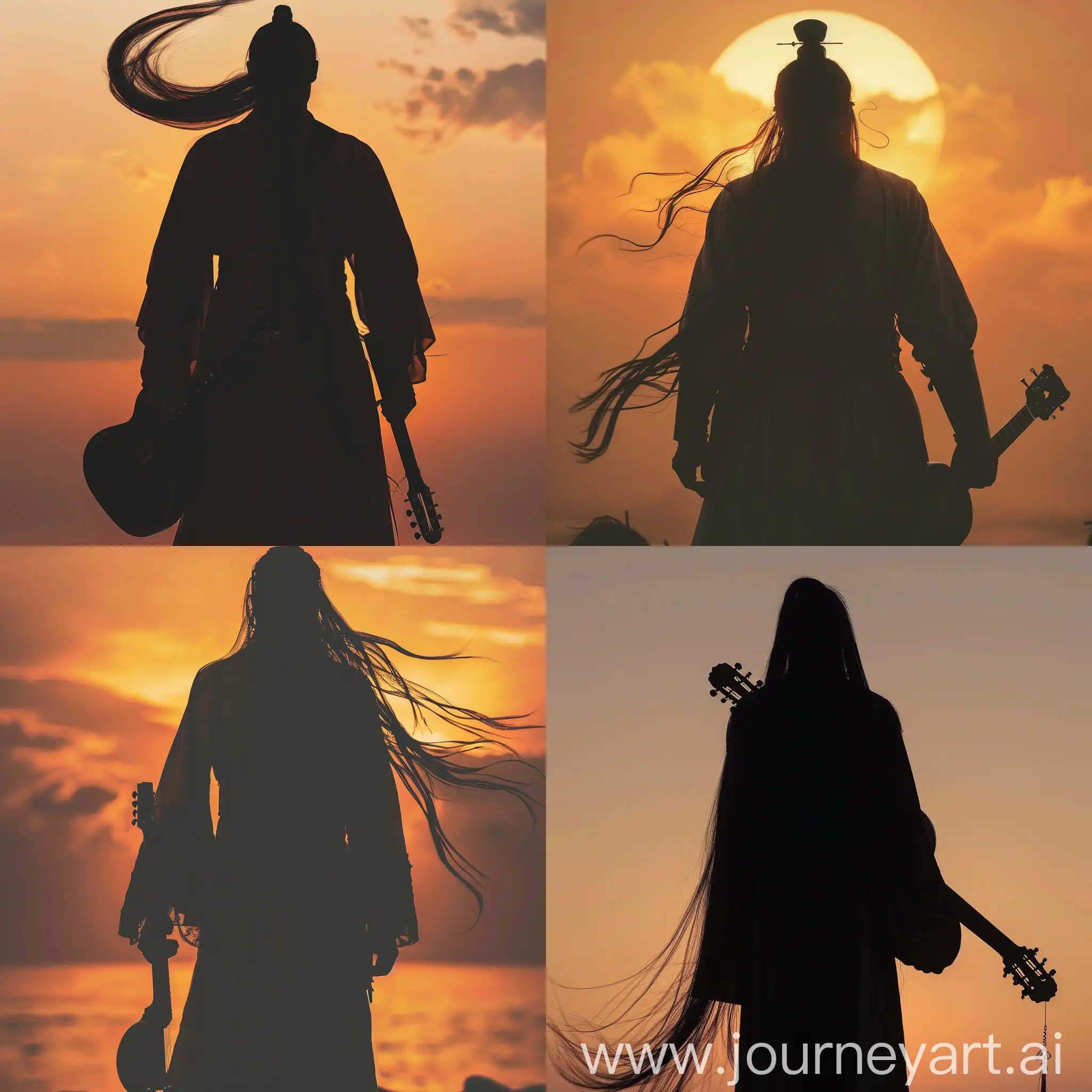 Silhouette-of-Yang-Guo-Playing-Guitar-with-Tangyuan-Head-at-Sunset