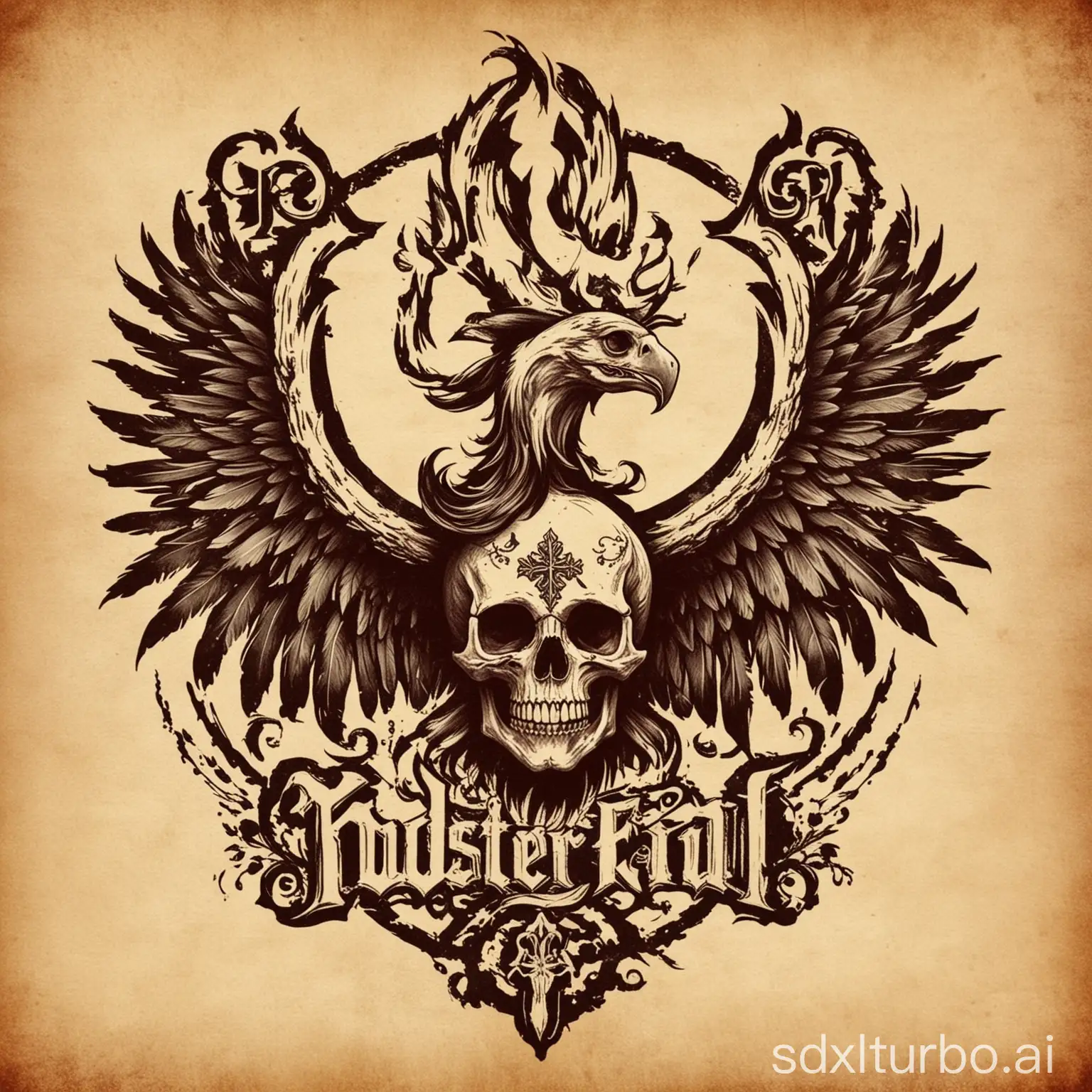 We need a logo for a team called "Klosterfrau und Vodkasau" for a rock festival, use an image of the phoenix, as well as skulls. The font please in German!