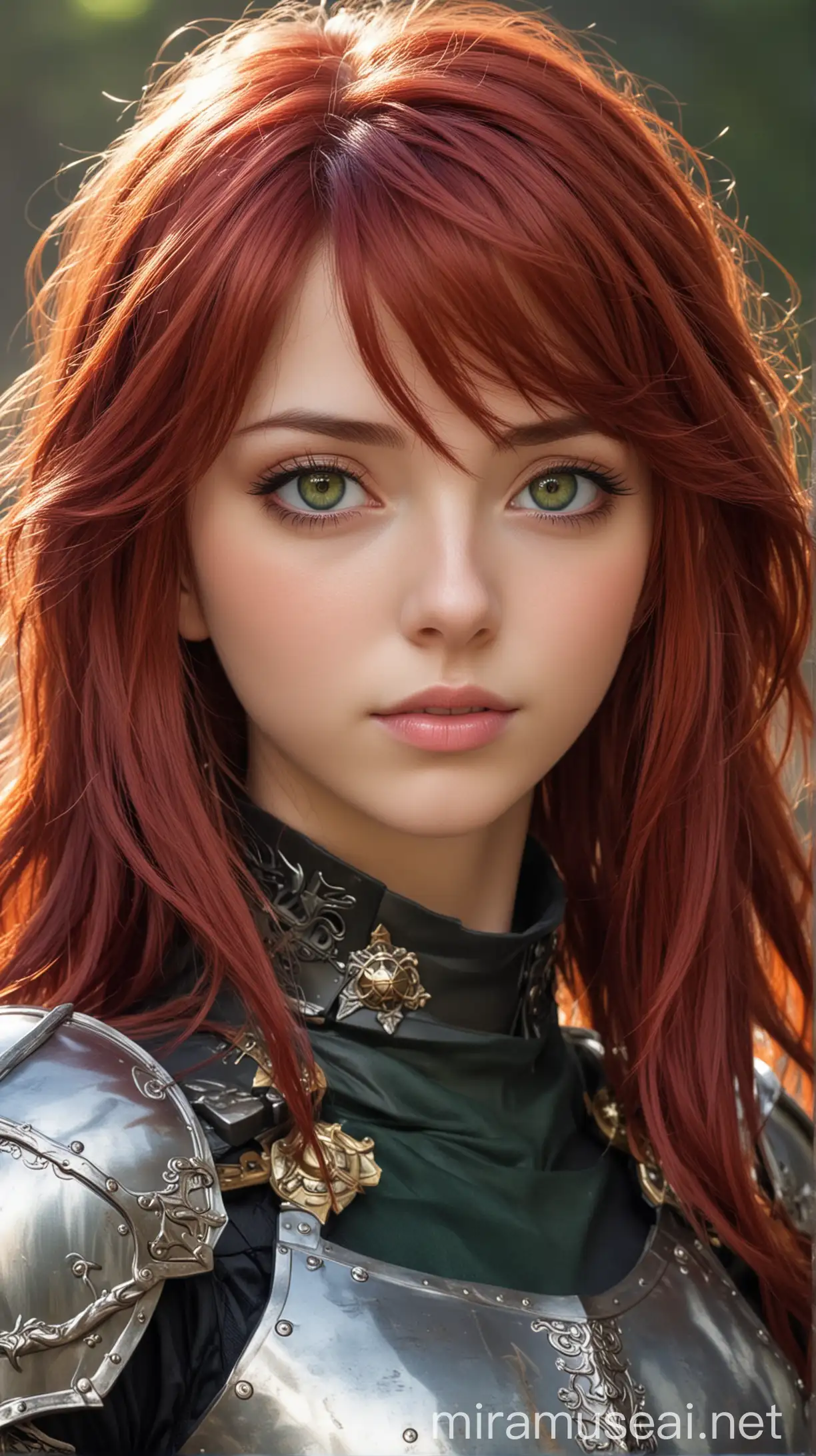 young anime girl, 23 years old, cherry red hair, long and wavy, green eyes, knight's armor attire, tranquil face.