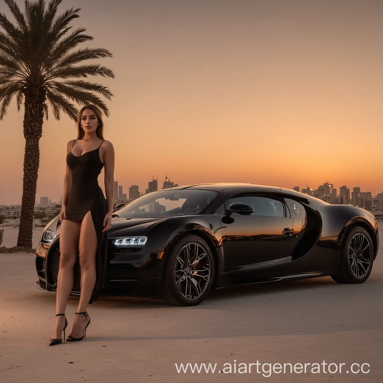 Seductive-Woman-in-Black-Dress-by-Dubai-Sunset-with-Bugatti