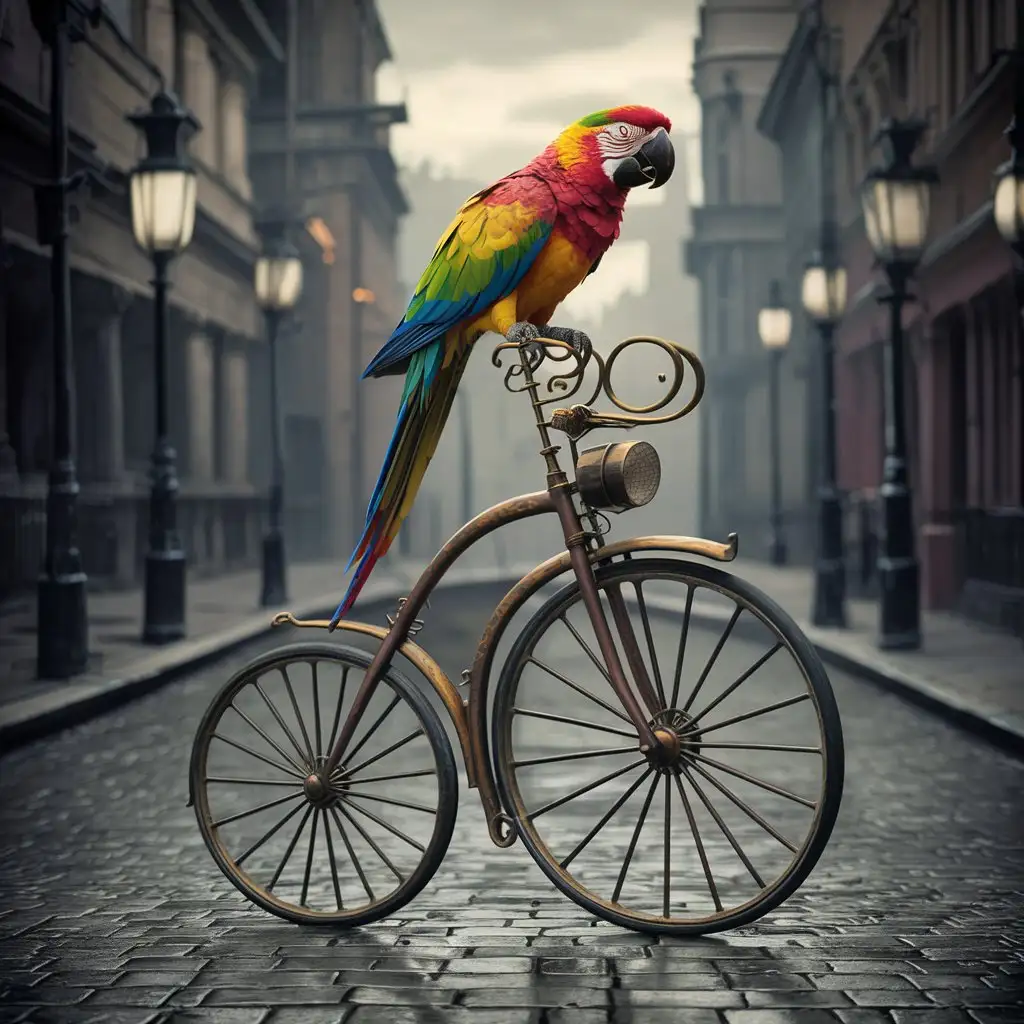 A realistic beautiful photo full of colors and details, depicting a colorful parrot ara that eagerly directs a bicycle from the Victorian era. The scene takes place against the backdrop of the picturesque, cobbled streets of Victorian London, where historic buildings and streetlights add to the charm of the composition. The parrot, with its bright, multicolored feathers, is a contrast to the grayness of the urban landscape, attracting the eye with its unusual activity and elegance. The bike he rides on is carefully made of epochal materials, which highlights the authenticity and historical nature of the scene.