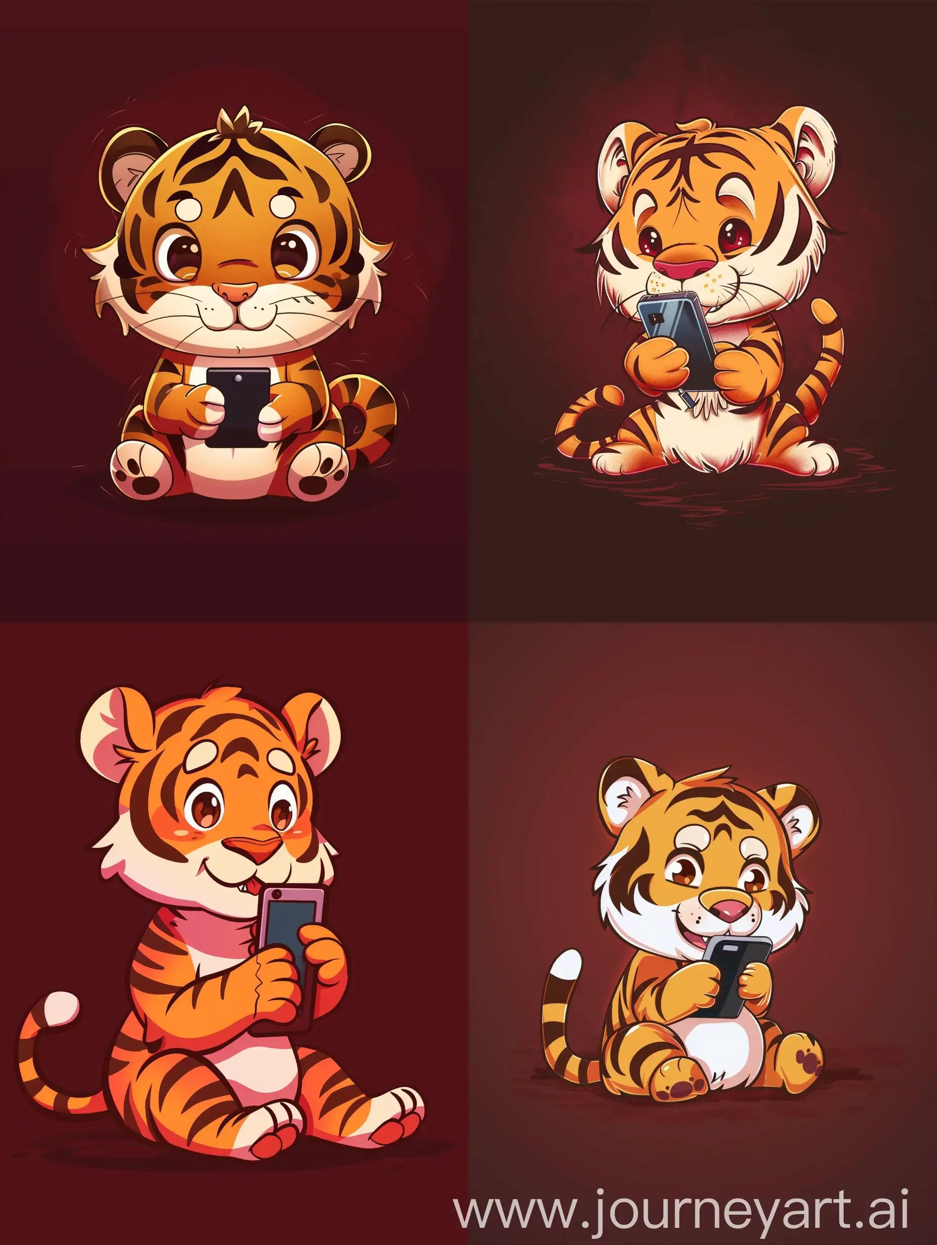 thin line style chibi cute tiger playing smartphone, with solid dark red background, small object and center concentrated image, far view point