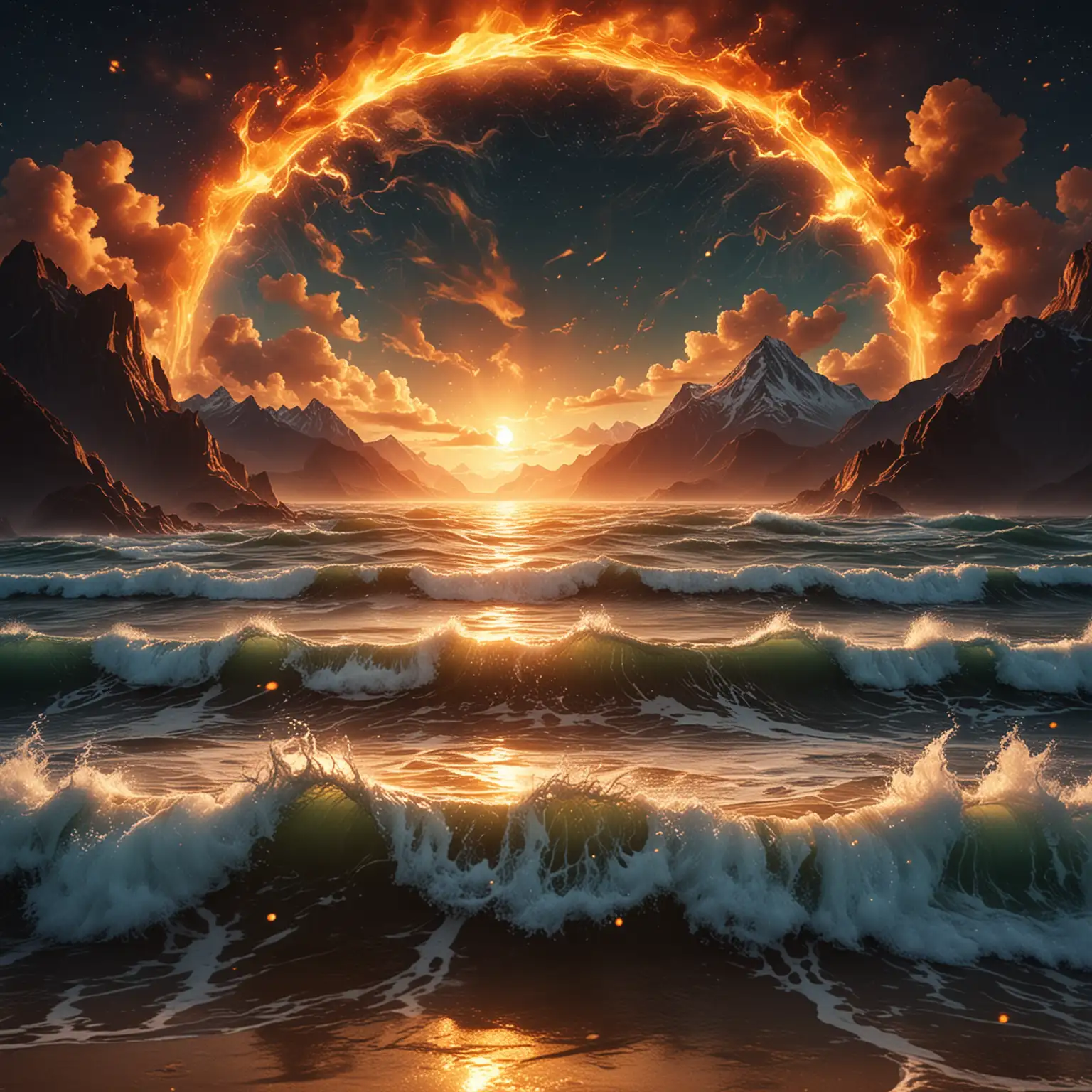 Flaming Waves at Night Ocean and Mountain Landscape with Cosmic Light