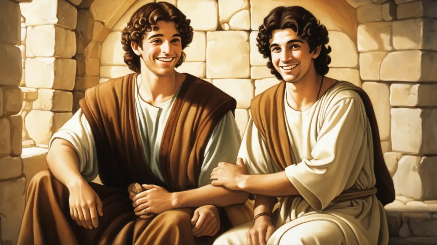 epoque biblique, deux hébreux homosexuels d'ages différents aux cheveux marrons souriants, assis dans une maison 