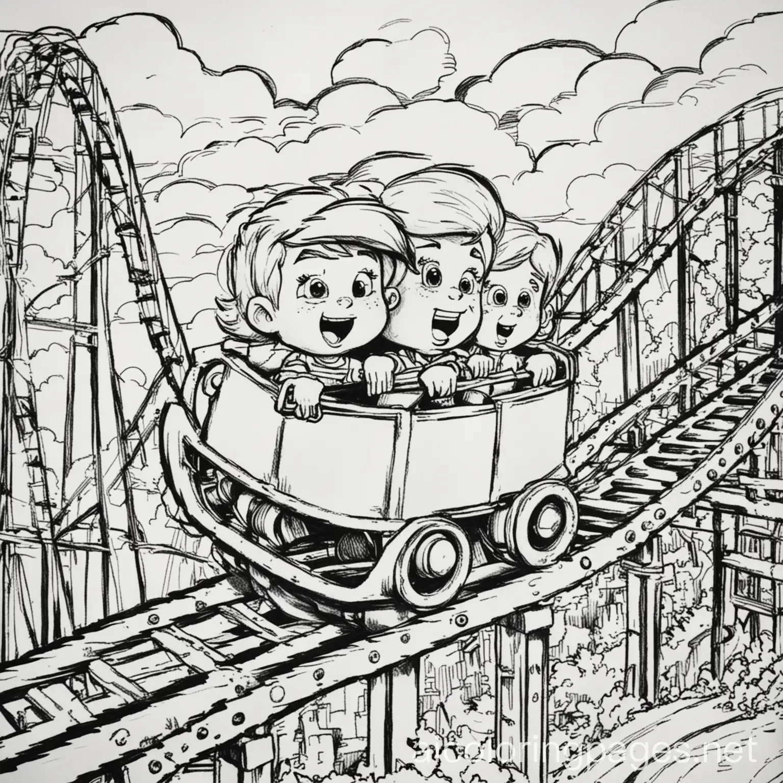 black and white coloring page of little kid roller coaster

, Coloring Page, black and white, line art, white background, Simplicity, Ample White Space. The background of the coloring page is plain white to make it easy for young children to color within the lines. The outlines of all the subjects are easy to distinguish, making it simple for kids to color without too much difficulty
