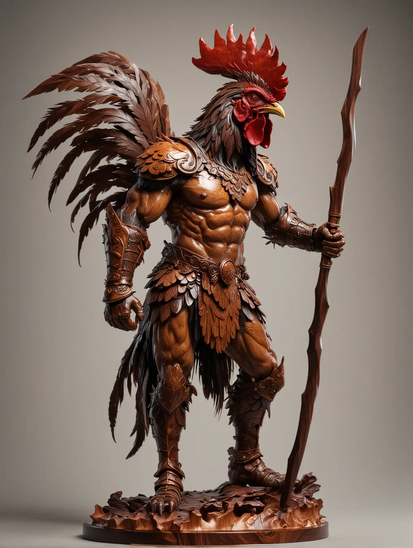 Rooster-Warrior-Sculpture-Lacquered-Walnut-Burl-and-Mahogany-Art-Piece