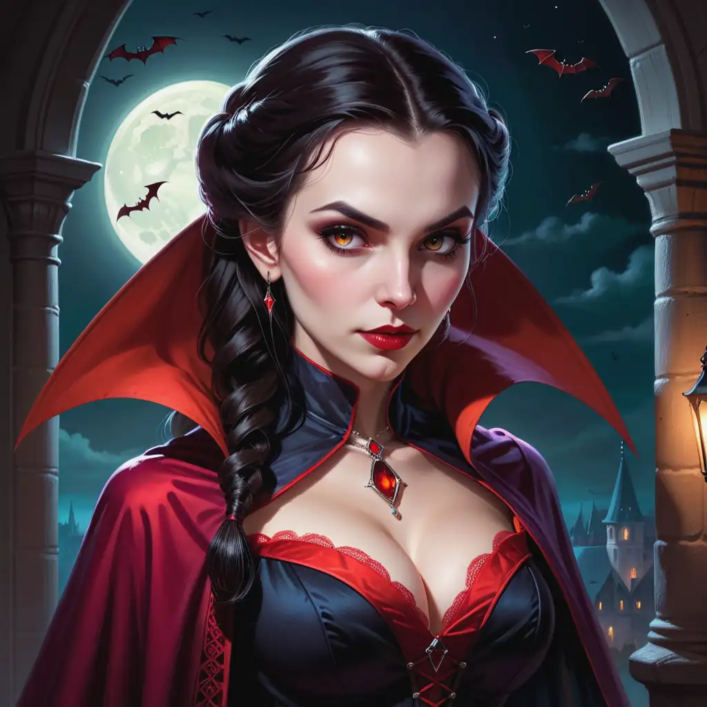 A female Dracula seductress. Family friendly. Lurking in the night. Modestly dressed.