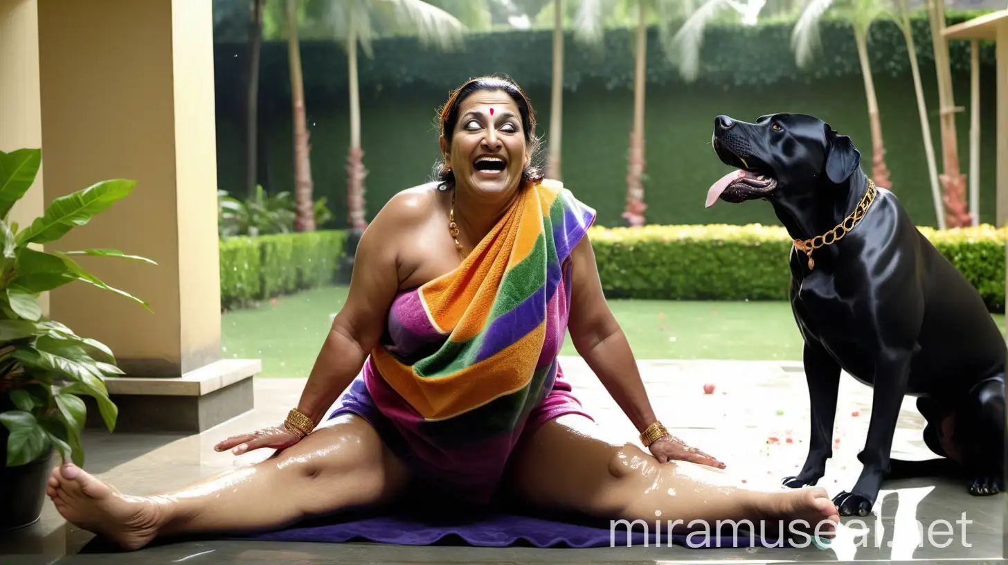 a indian fat mature beautiful woman age 47 years old  with make up and wet with sweat . she is happy and laughing and doing squat workout . she is wearing a multicolor velvet bath towel and gold ornaments on her body . it morning time in a luxurious garden court yard . on floor juice glass and fruits are there . a big black dog is sitting near her .