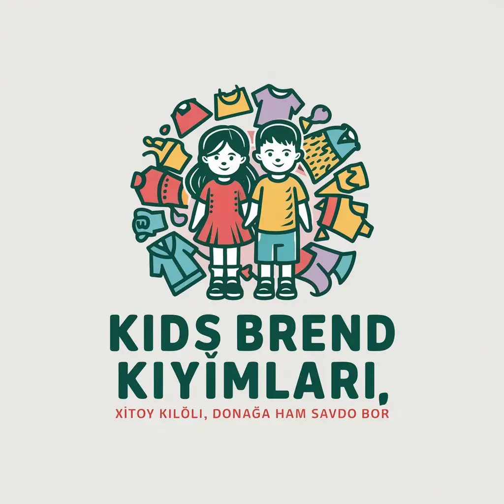a logo design,with the text "KIDS BREND KIYIMLARI , xitoy kiloli , donaga ham savdo bor", main symbol:kids clothes, colorful text, girl and boy,complex,clear background