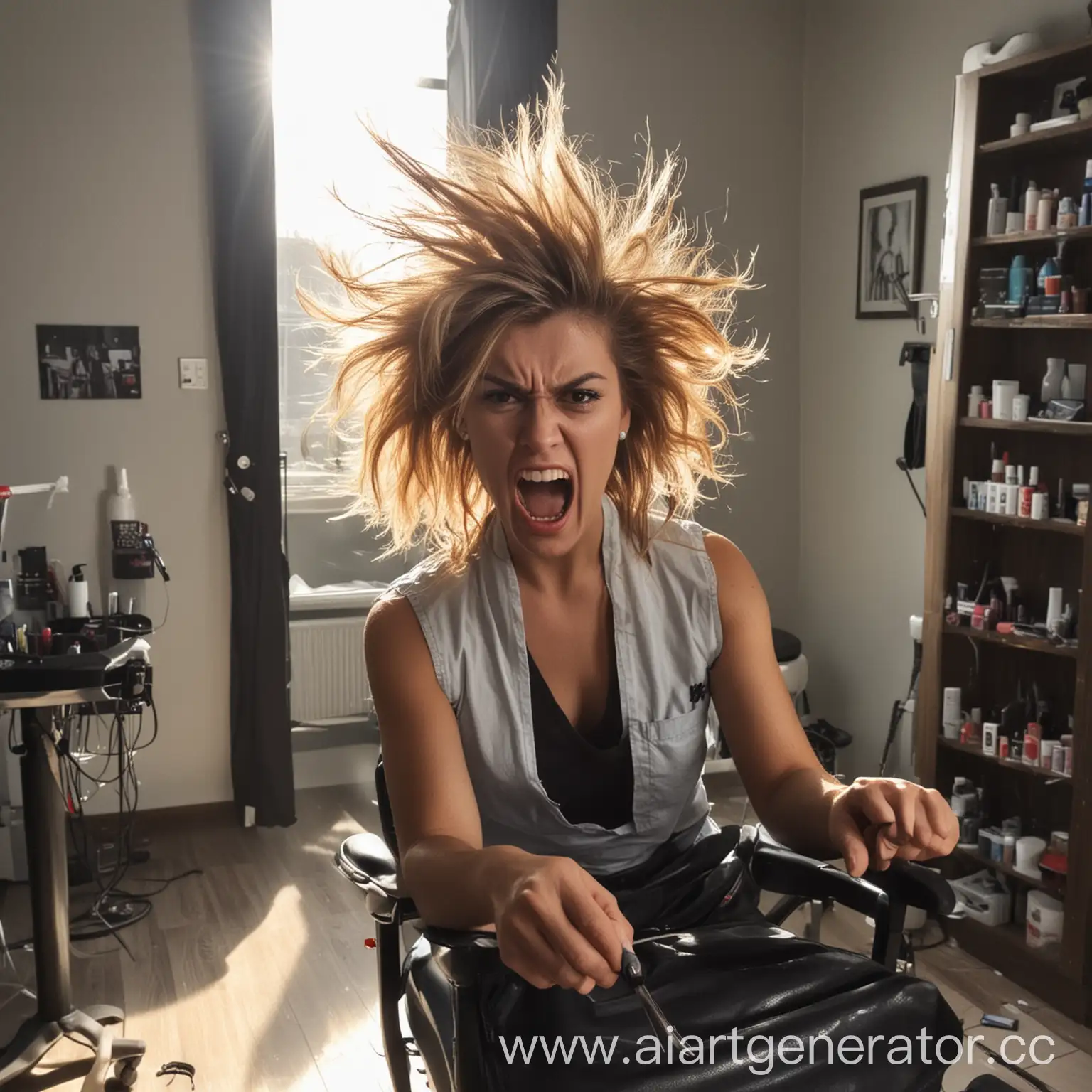 Angry-Hairstylist-in-Sunlit-Room-with-Healthy-Hair