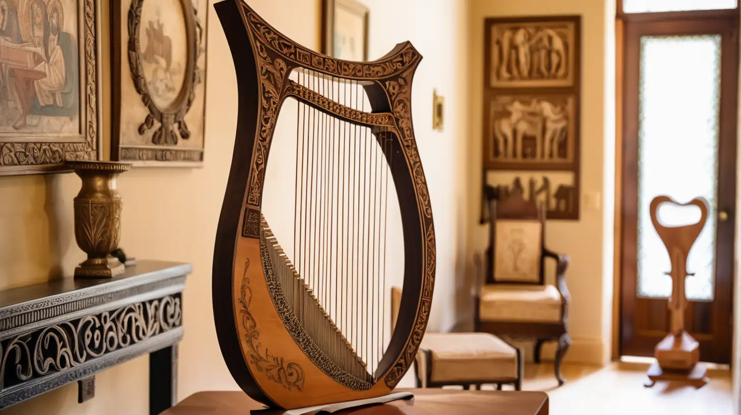 epoque biblique, une lyre exposée dans un salon d'une belle demeure hébreu de l'époque antique